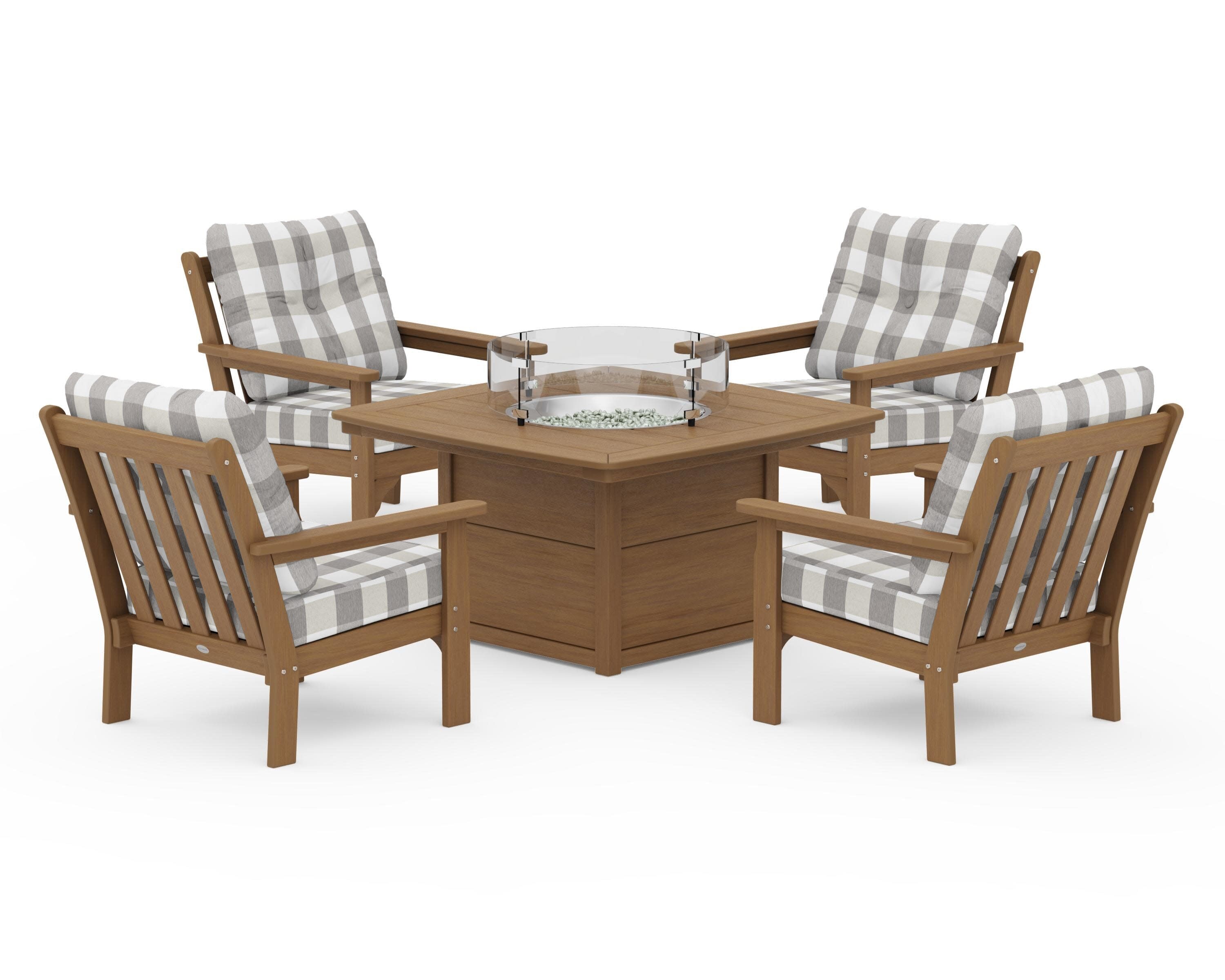 Vineyard 5-Piece Conversation Set with Fire Pit Table in Natural / Buffalo Plaid Grey Mist