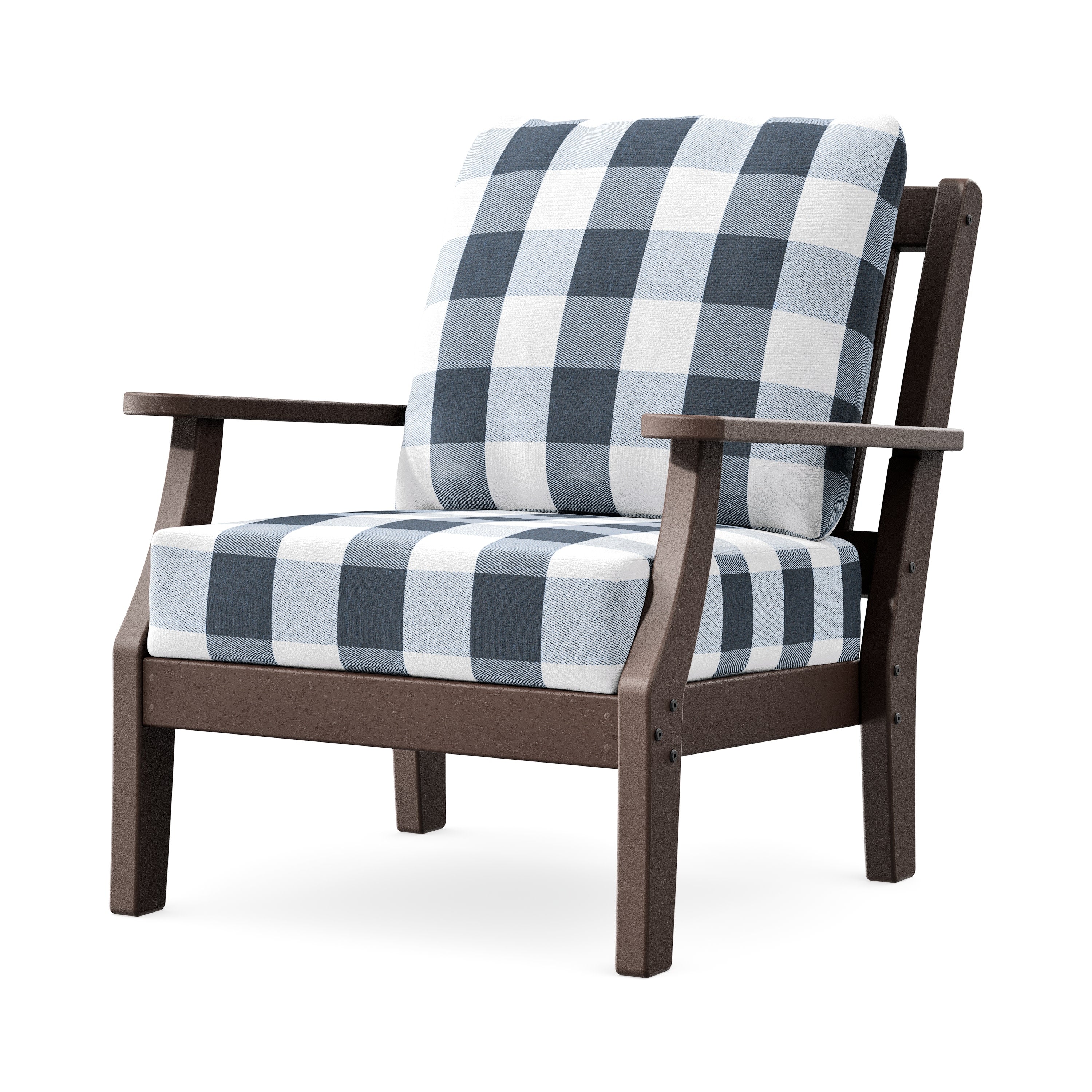 Chinoiserie Deep Seating Chair in Mahogany / Buffalo Plaid Marine Indigo
