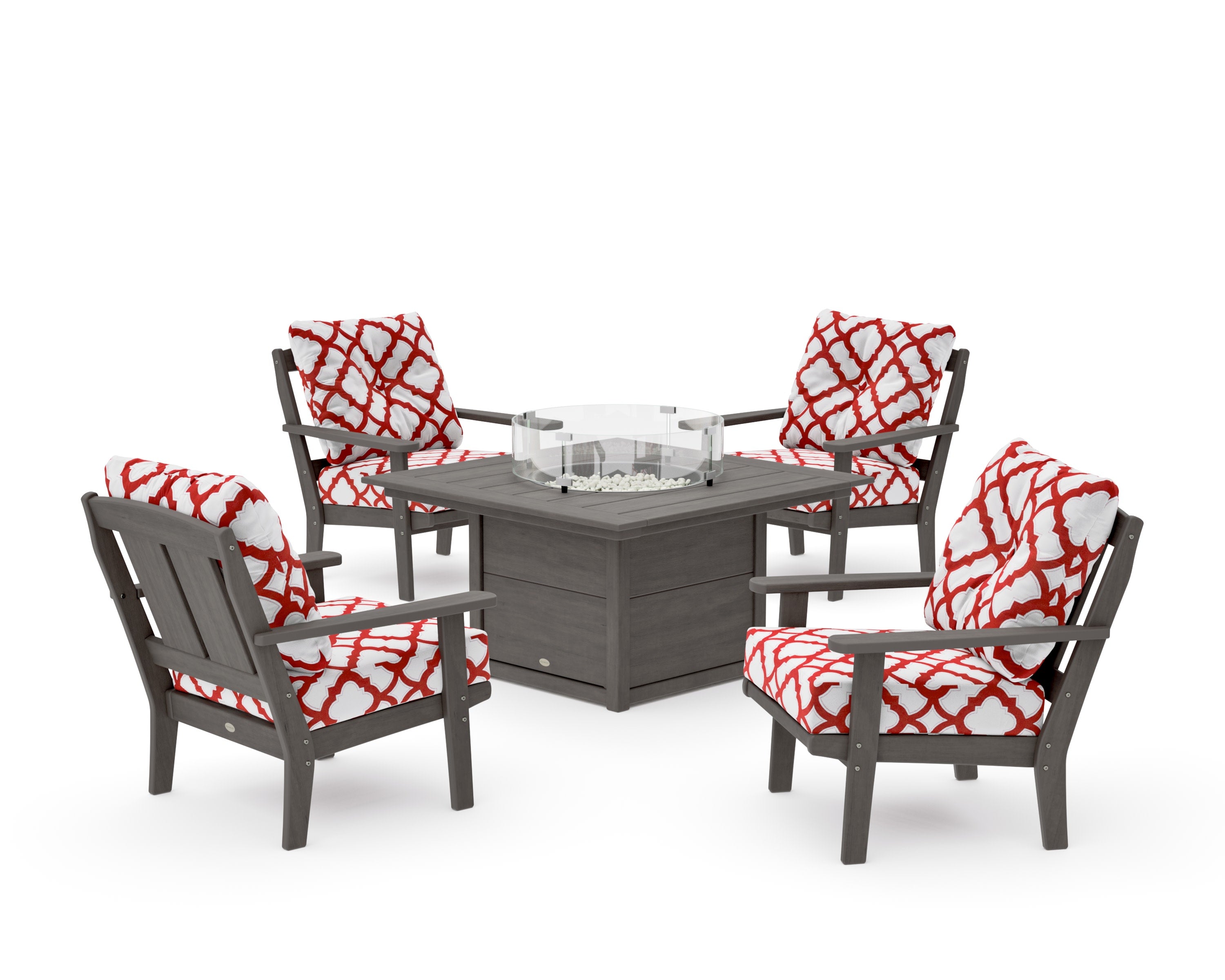 Mission 5-Piece Deep Seating Set with Fire Pit Table in Driftwood / Trellis Crimson