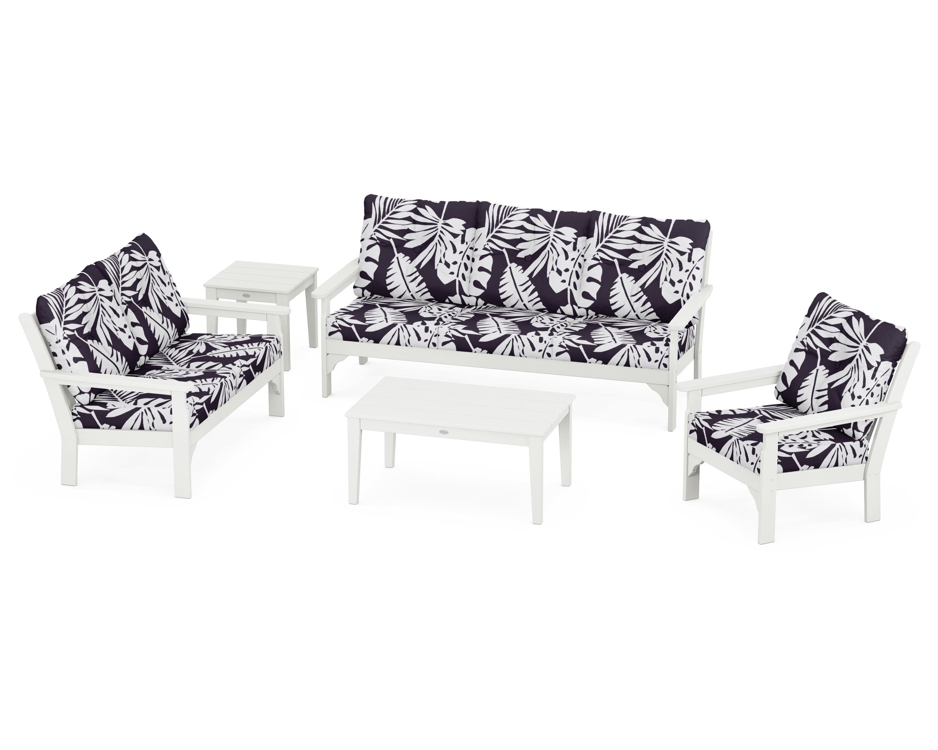 Vineyard 5 Piece Deep Seating Set in Vintage White / Leaf Navy