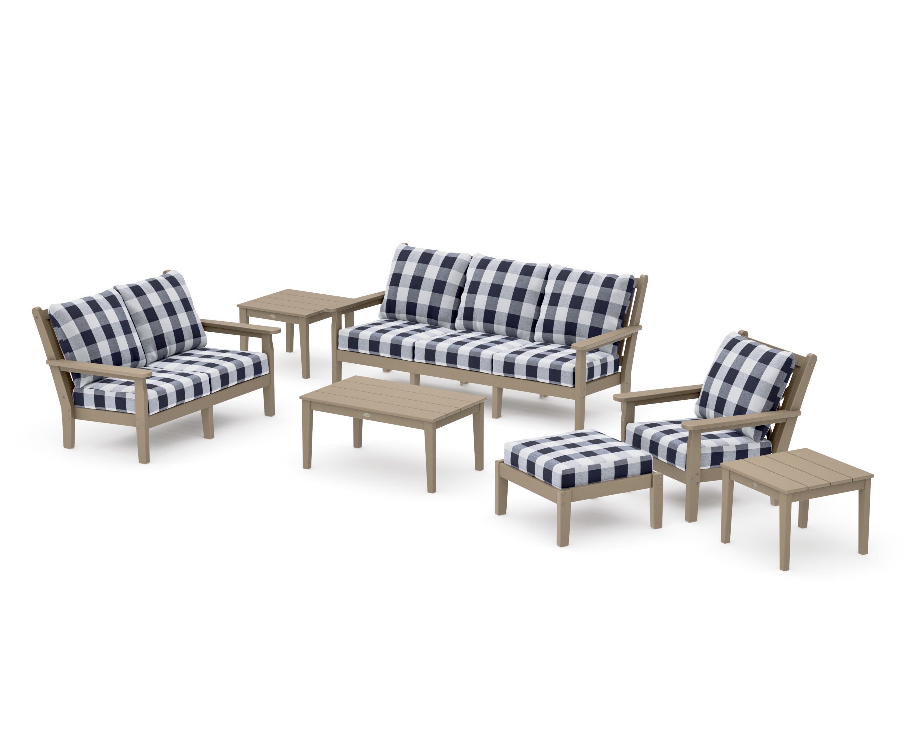 Chippendale 7-Piece Deep Seating Set in Vintage Sahara / Buffalo Plaid Navy