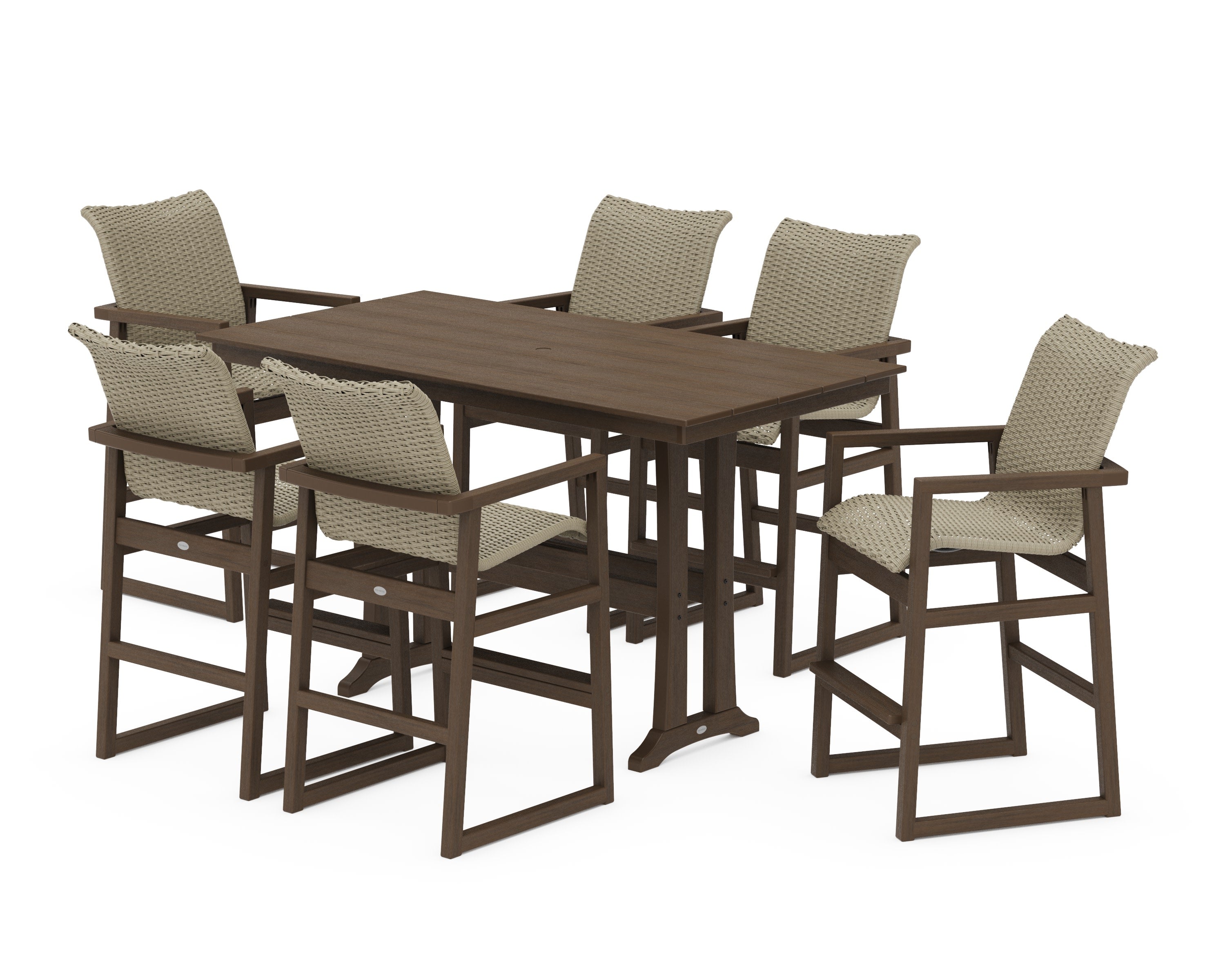 EDGE Woven Arm Chair 7-Piece Farmhouse Bar Set with Trestle Legs in Kona / Dune Grass