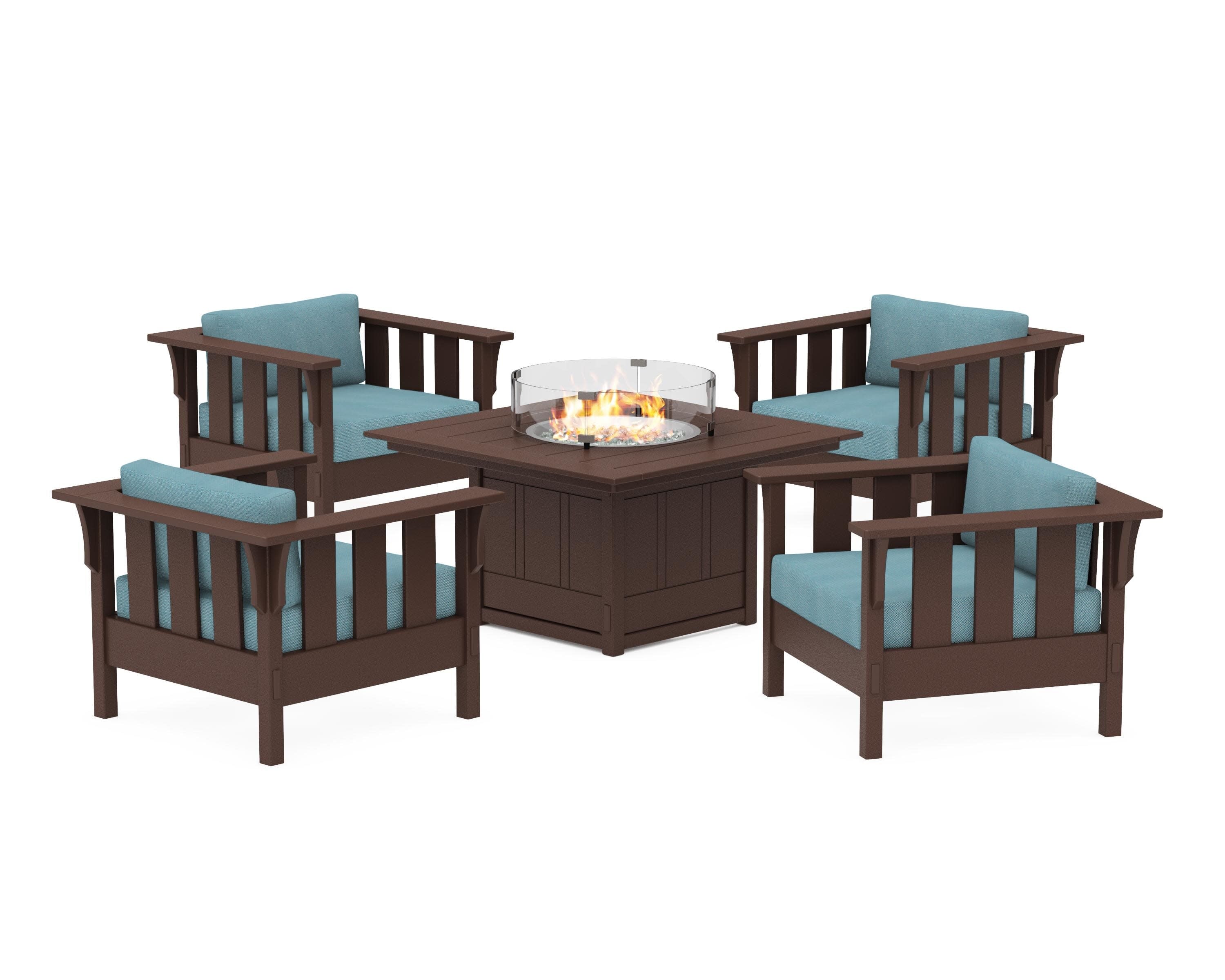Acadia 5-Piece Deep Seating Set with Fire Pit Table in Mahogany / Lattice Sky Blue