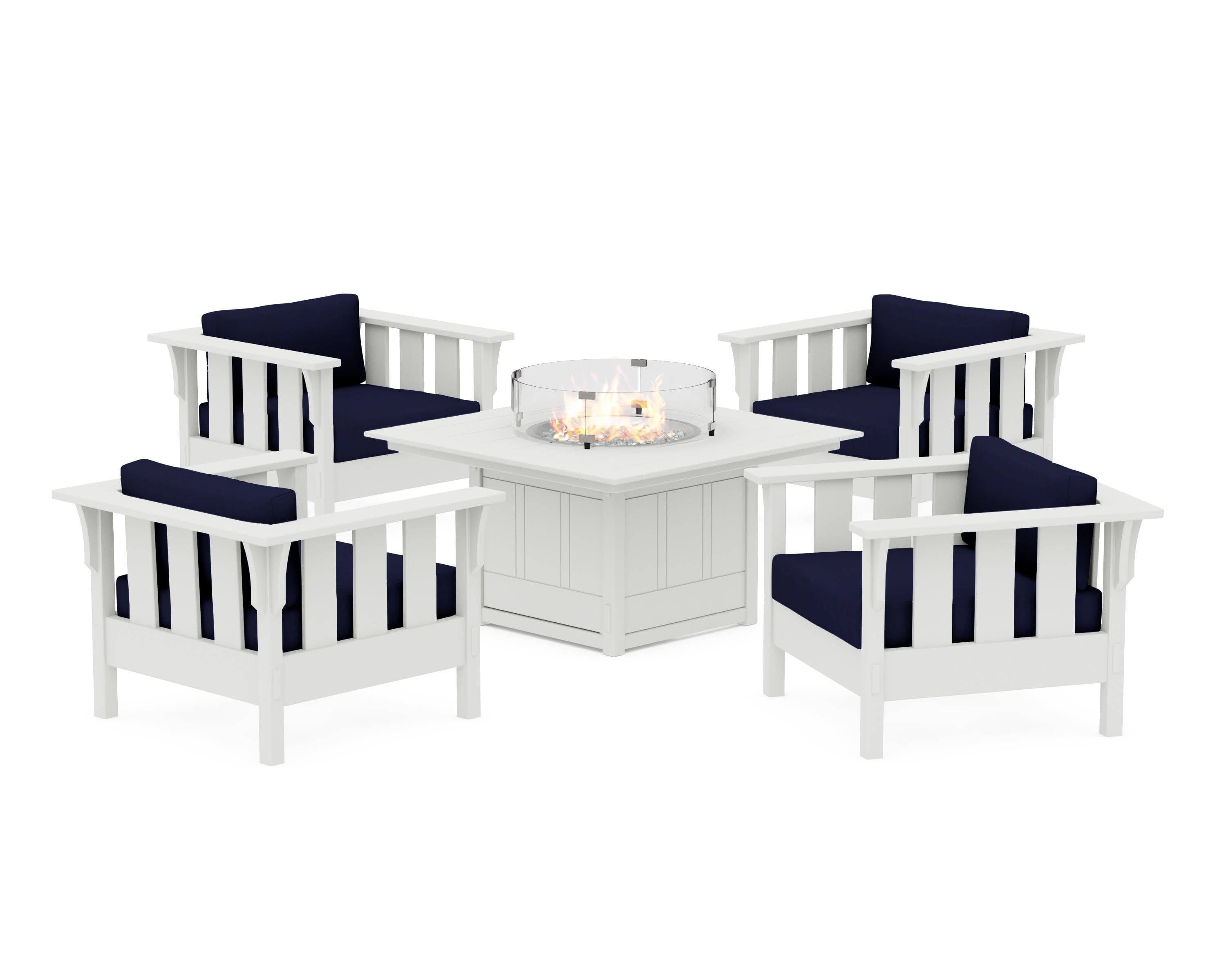 Acadia 5-Piece Deep Seating Set with Fire Pit Table in White / Navy