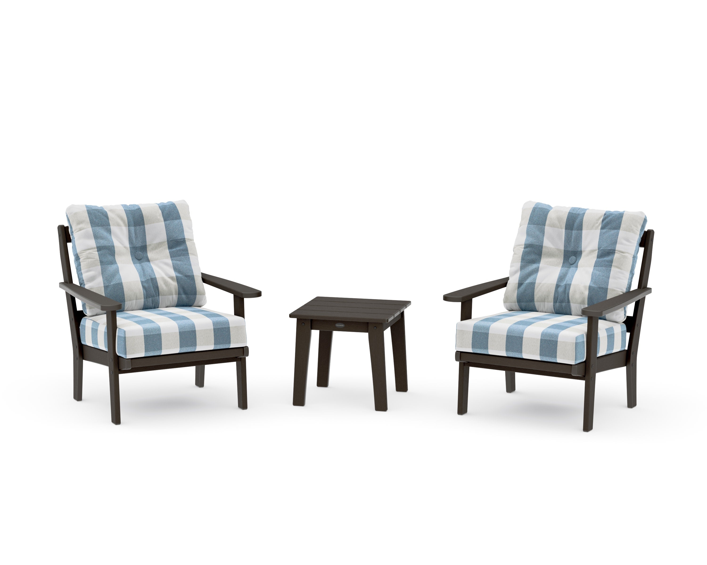 Mission 3-Piece Deep Seating Set in Vintage Coffee / Buffalo Plaid Sky Blue