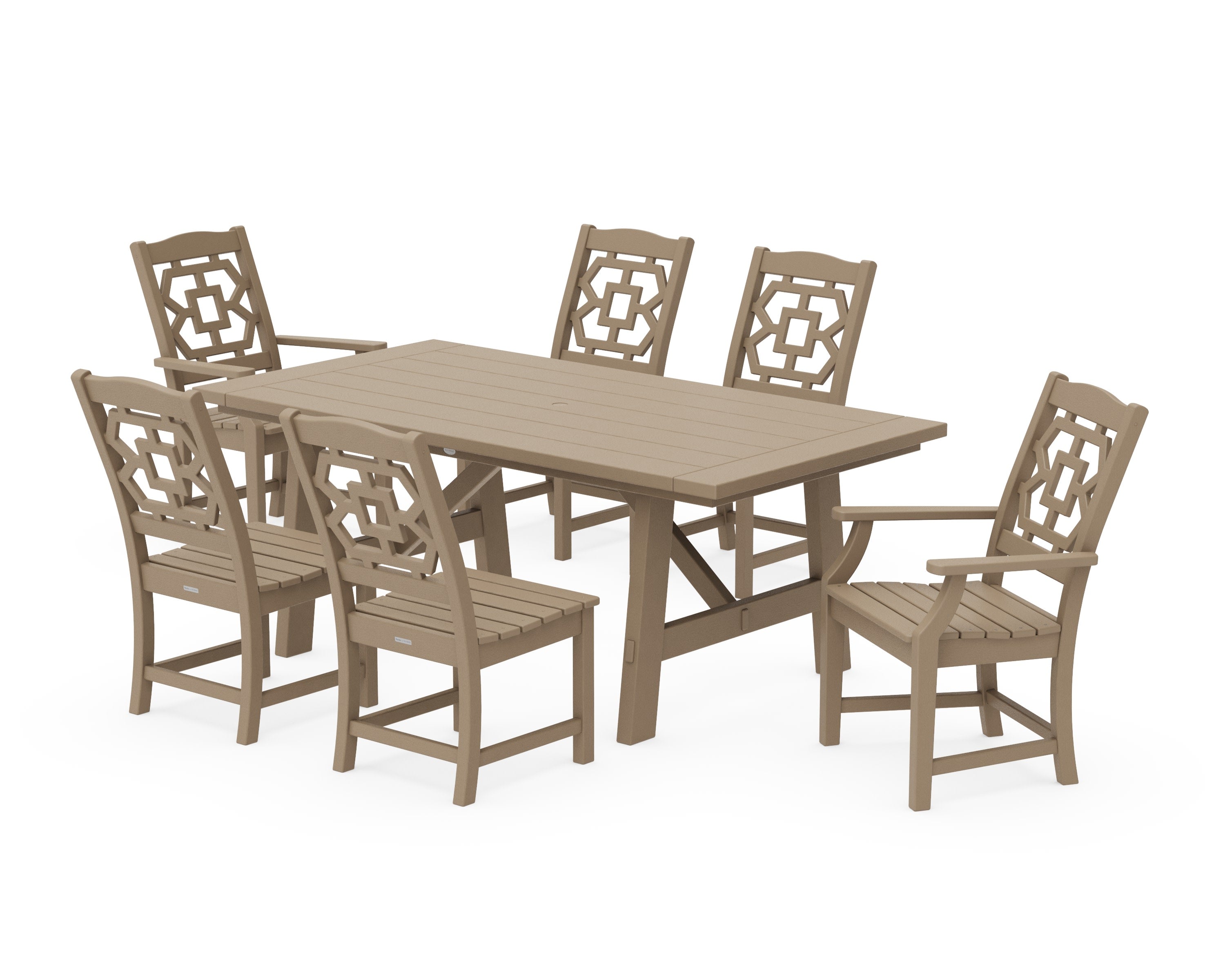 Chinoiserie 7-Piece Rustic Farmhouse Dining Set in Vintage Sahara