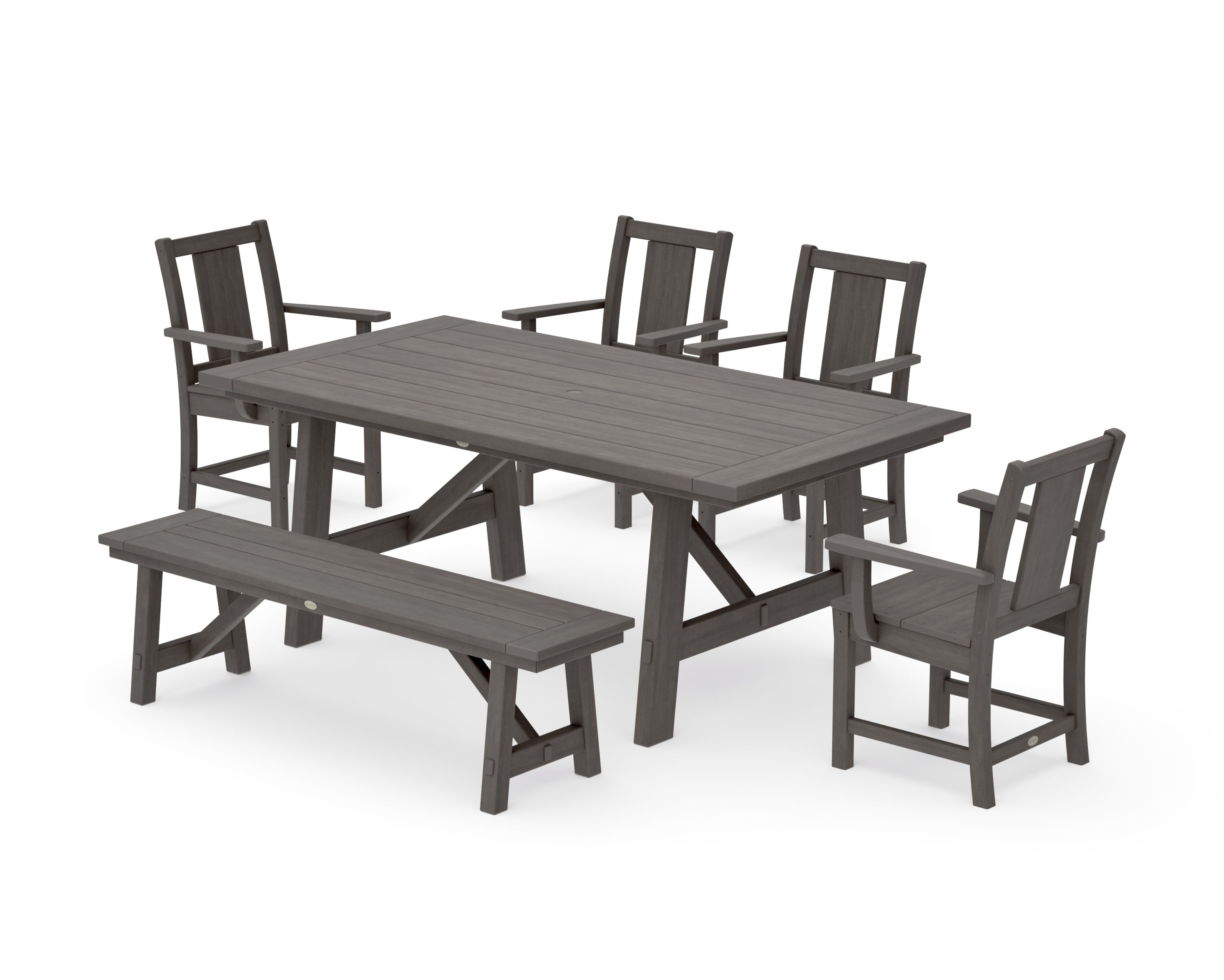 Prairie 6-Piece Rustic Farmhouse Dining Set with Bench in Driftwood