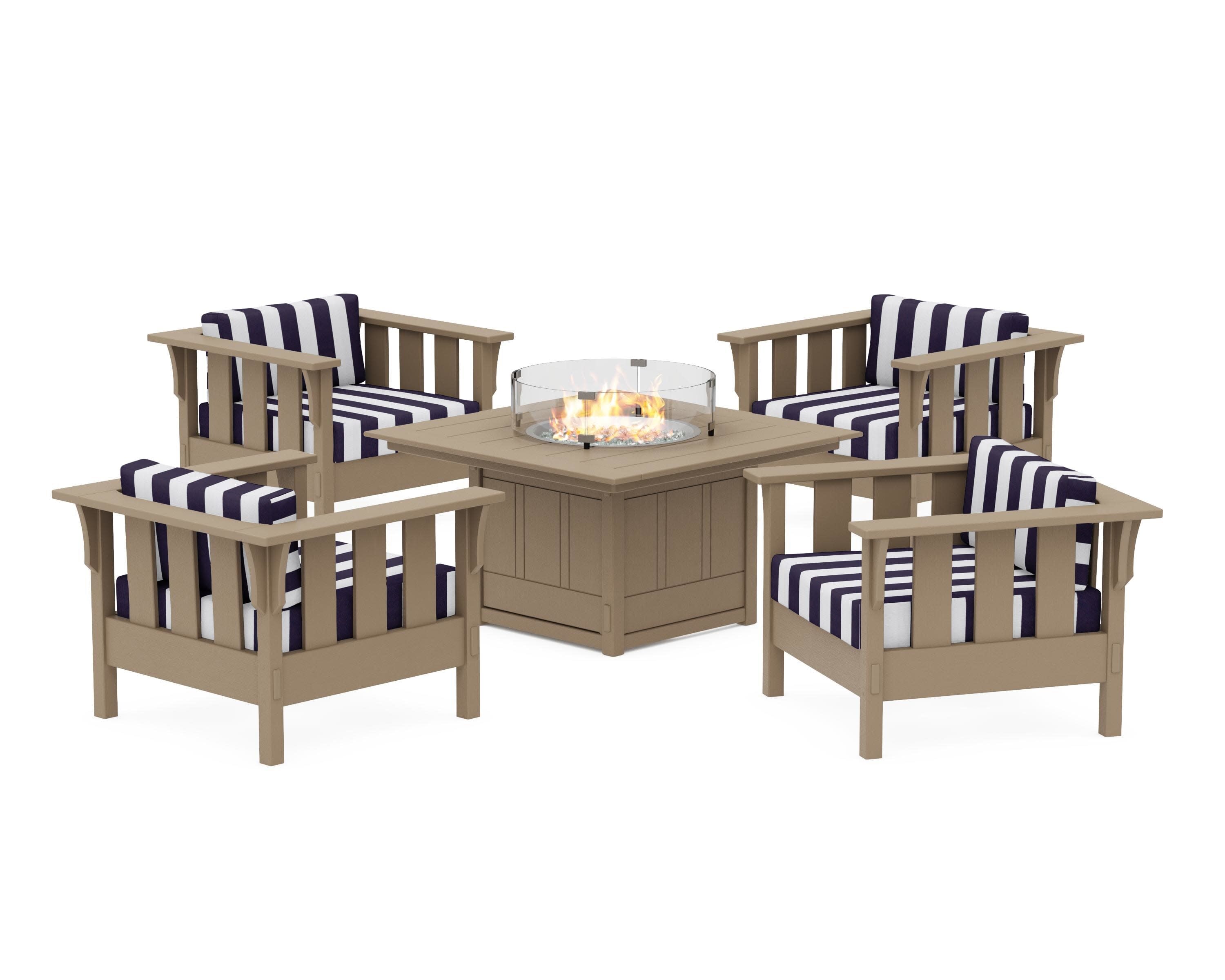 Acadia 5-Piece Deep Seating Set with Fire Pit Table in Vintage Sahara / Cabana Stripe Navy