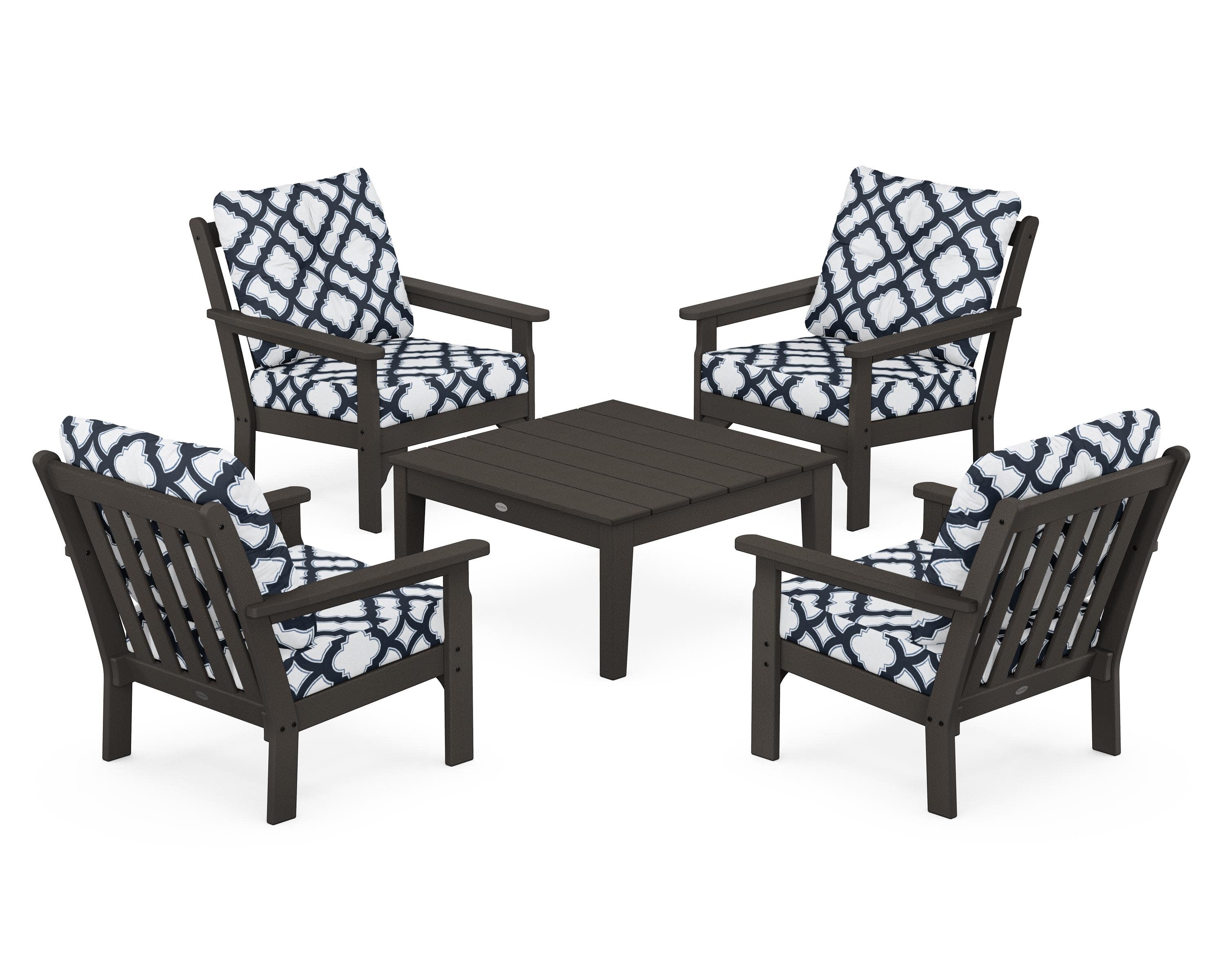 Vineyard 5-Piece Deep Seating Conversation Set in Vintage Coffee / Trellis Marine Indigo