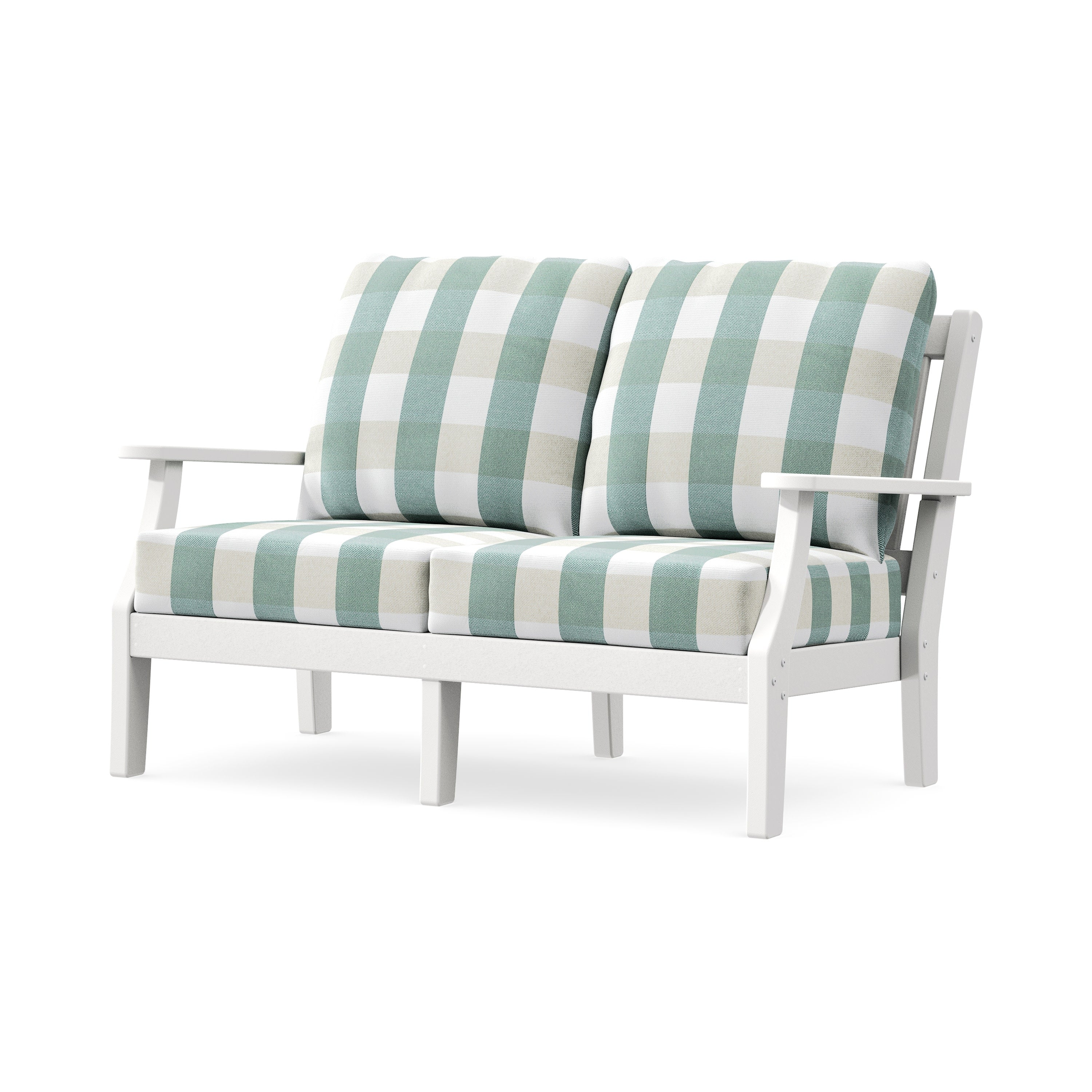 Chinoiserie Deep Seating Loveseat in White / Buffalo Plaid Glacier Spa
