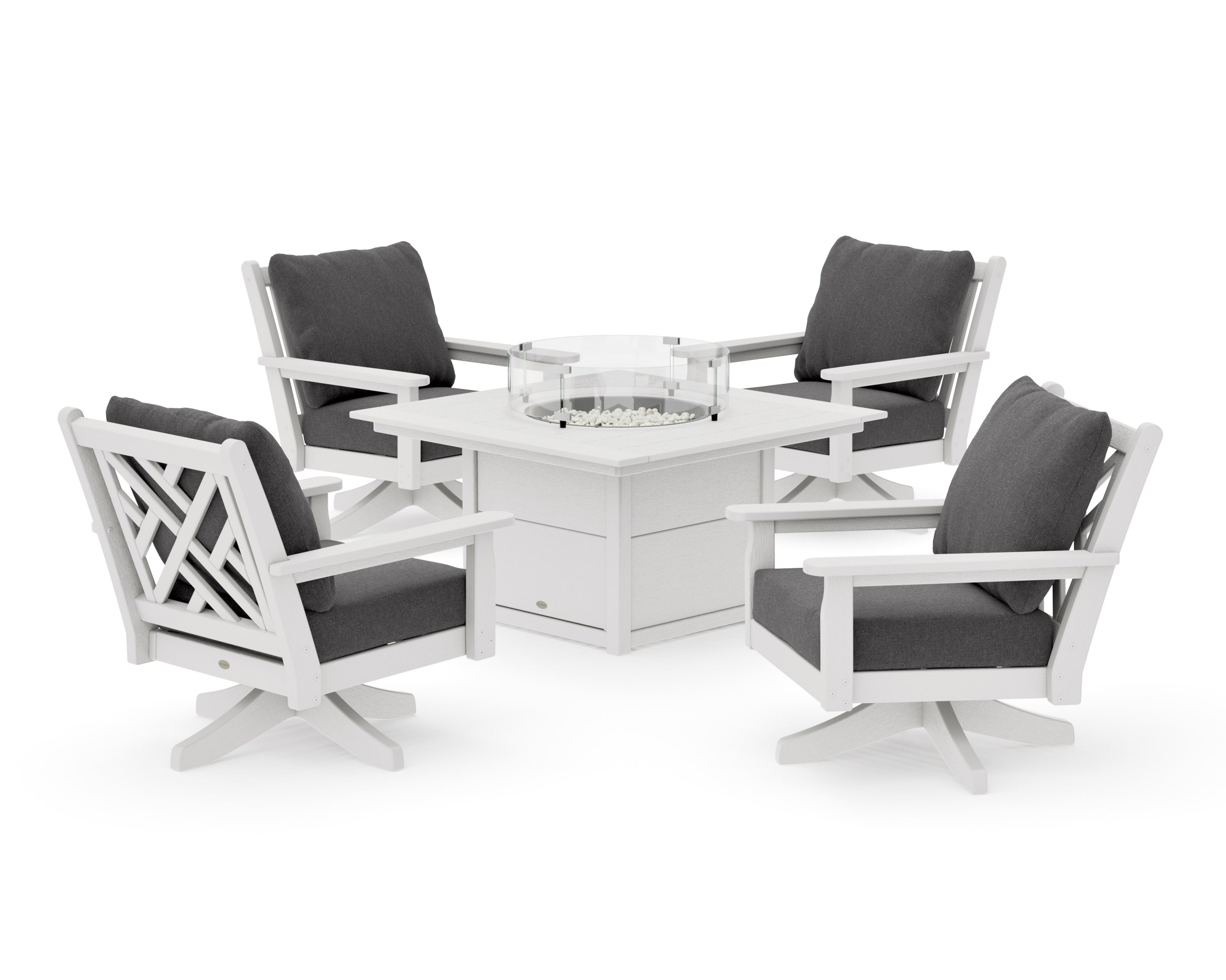 Chippendale 5-Piece Deep Seating Swivel Conversation Set with Fire Pit Table in Vintage White / Ash Charcoal