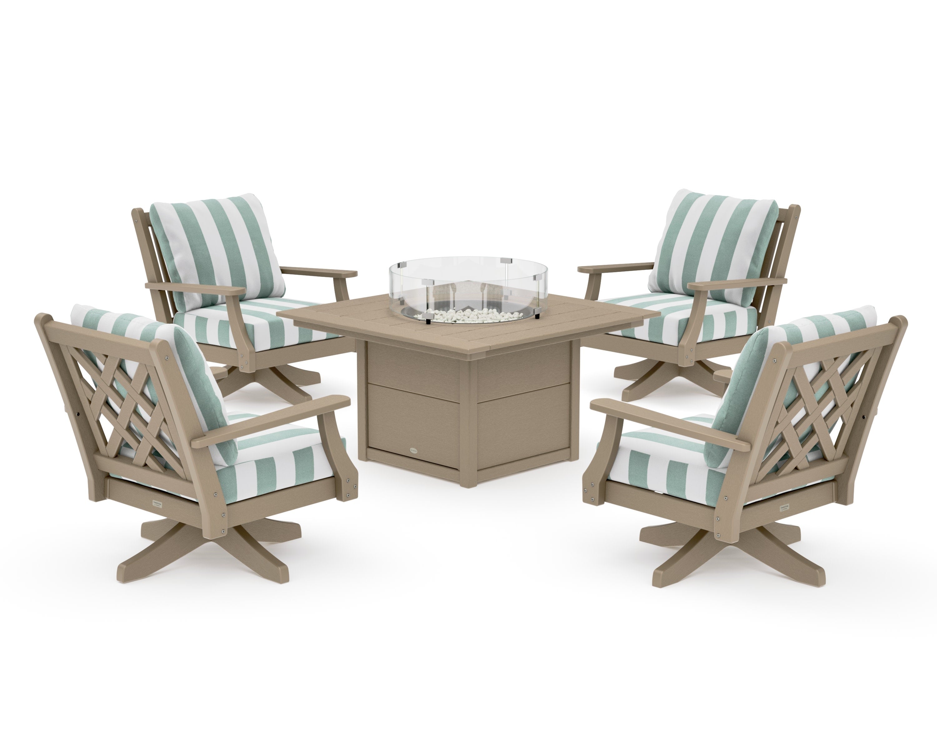 Wovendale 5-Piece Deep Seating Swivel Conversation Set with Fire Pit Table in Vintage Sahara / Cabana Stripe Glacier Spa