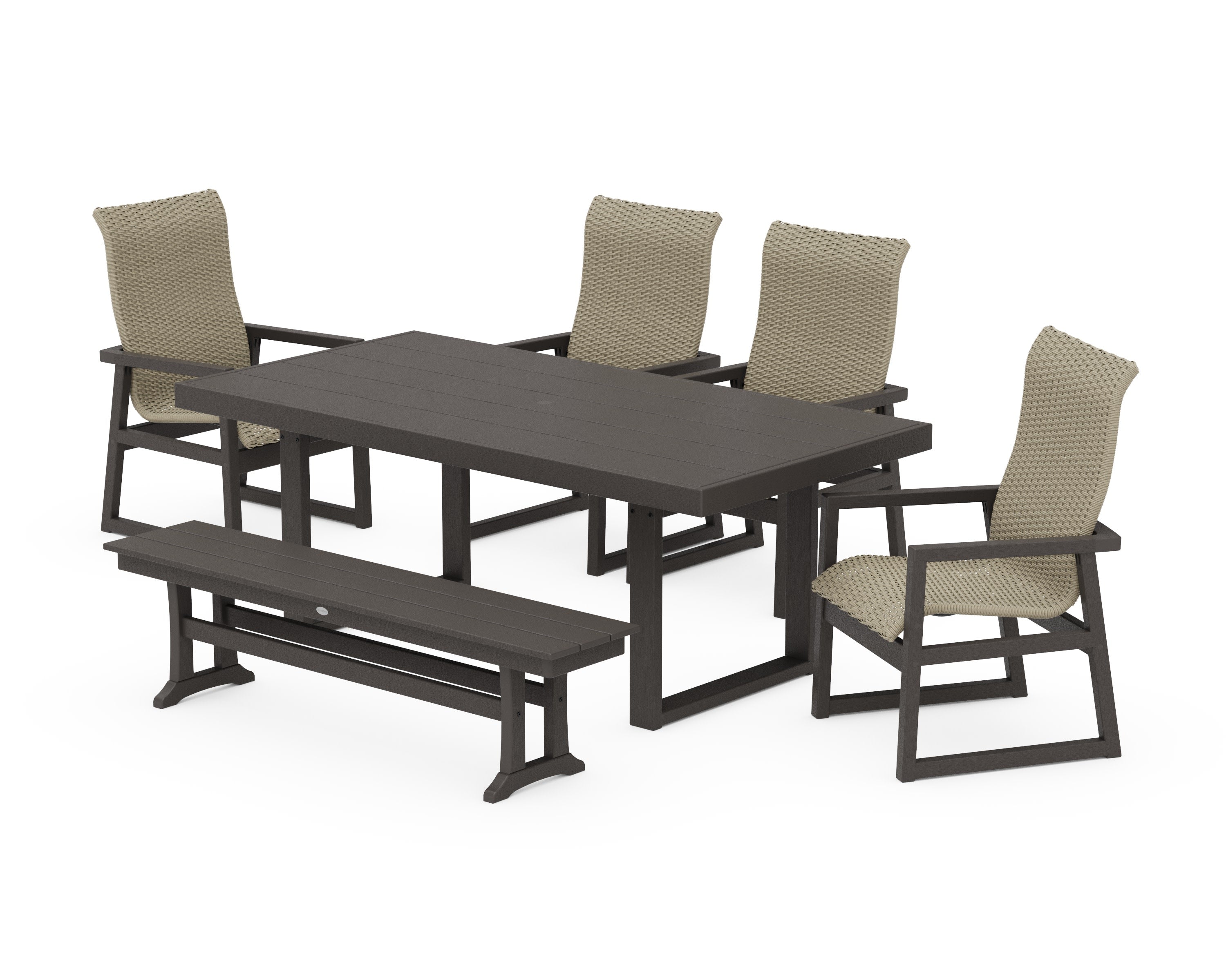 EDGE Woven Highback 6-Piece Dining Set with Bench in Vintage Coffee / Dune Grass