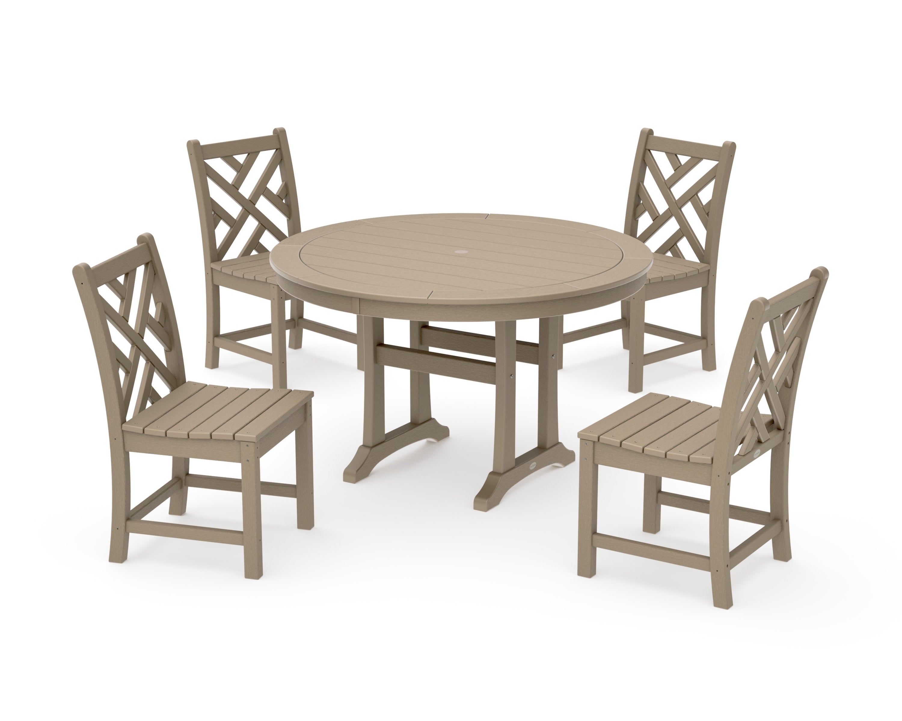 Chippendale Side Chair 5-Piece Round Dining Set With Trestle Legs in Vintage Sahara