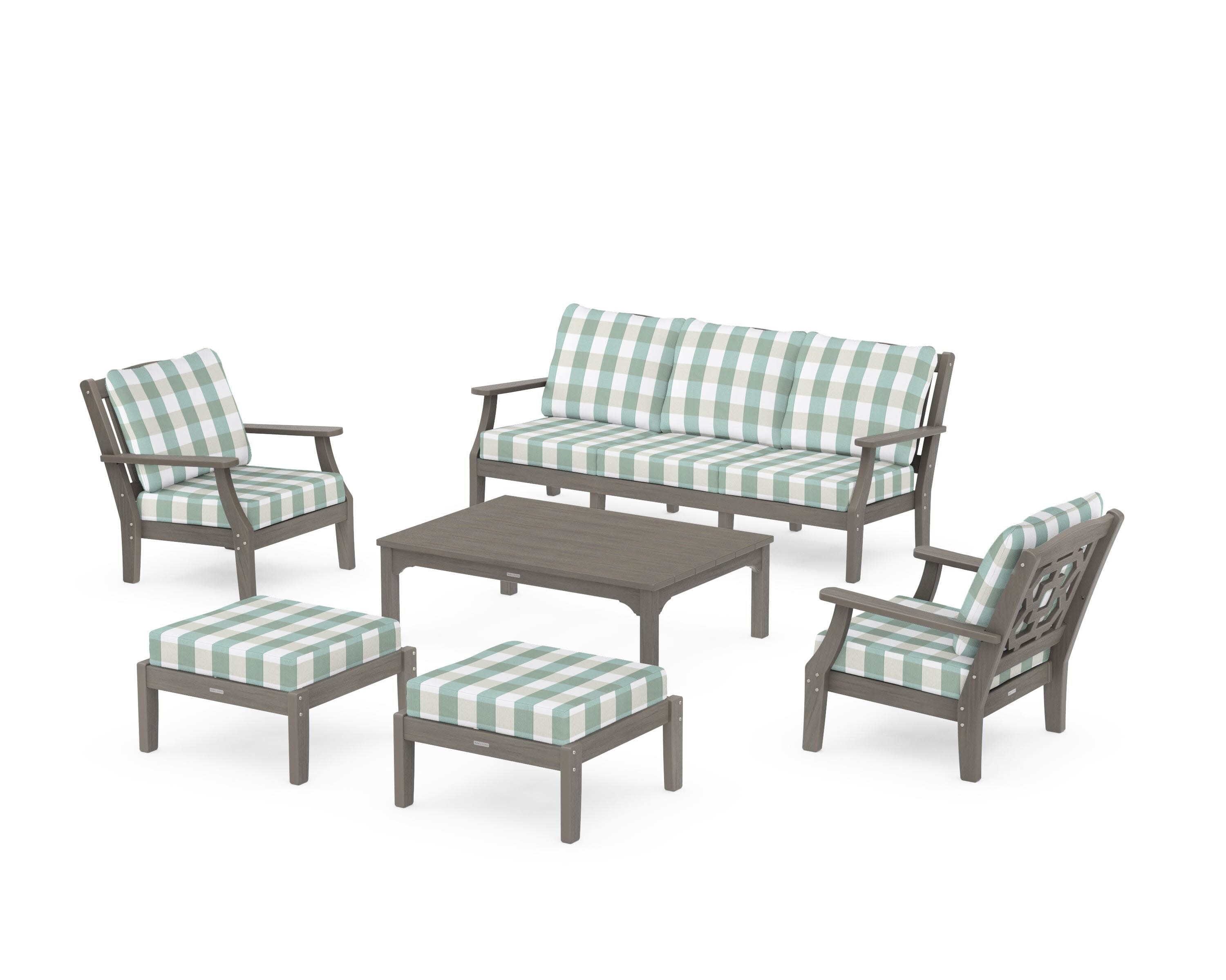 Chinoiserie 6-Piece Lounge Sofa Set in Driftwood / Buffalo Plaid Glacier Spa