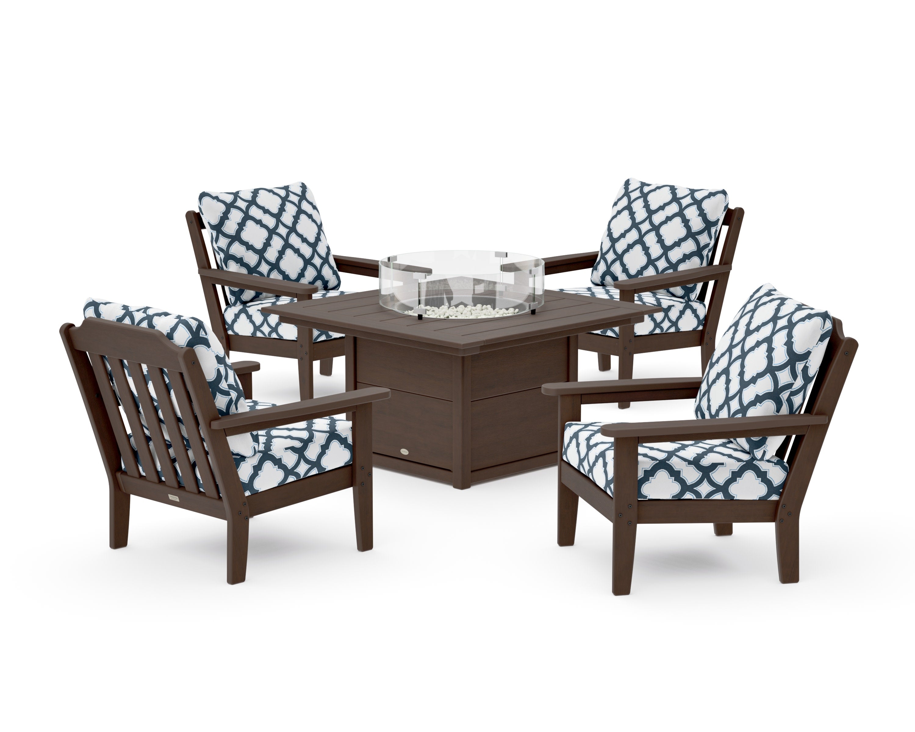 Cottage 5-Piece Deep Seating Set with Fire Pit Table in Kona / Trellis Marine Indigo