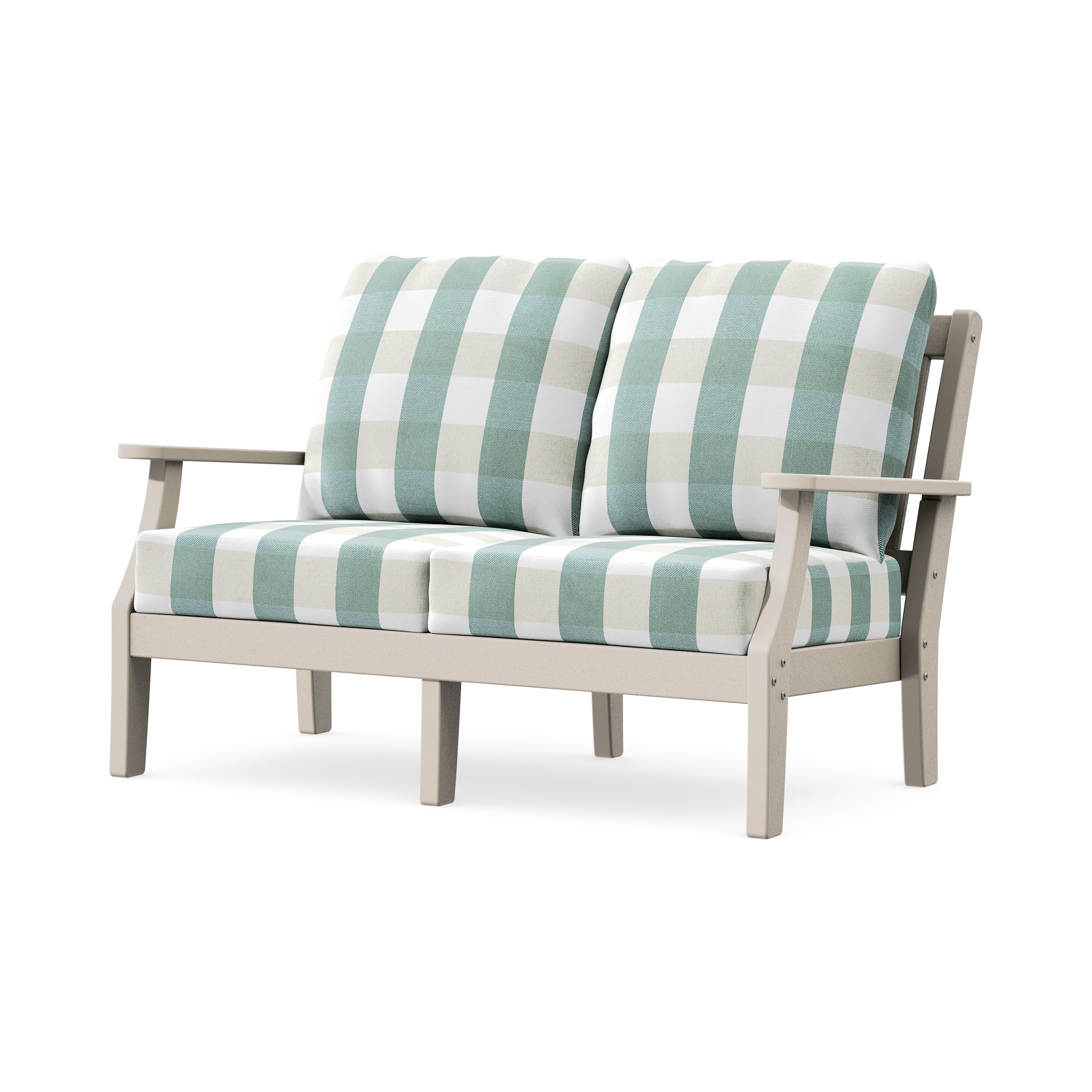 Chinoiserie Deep Seating Loveseat in Sand / Buffalo Plaid Glacier Spa