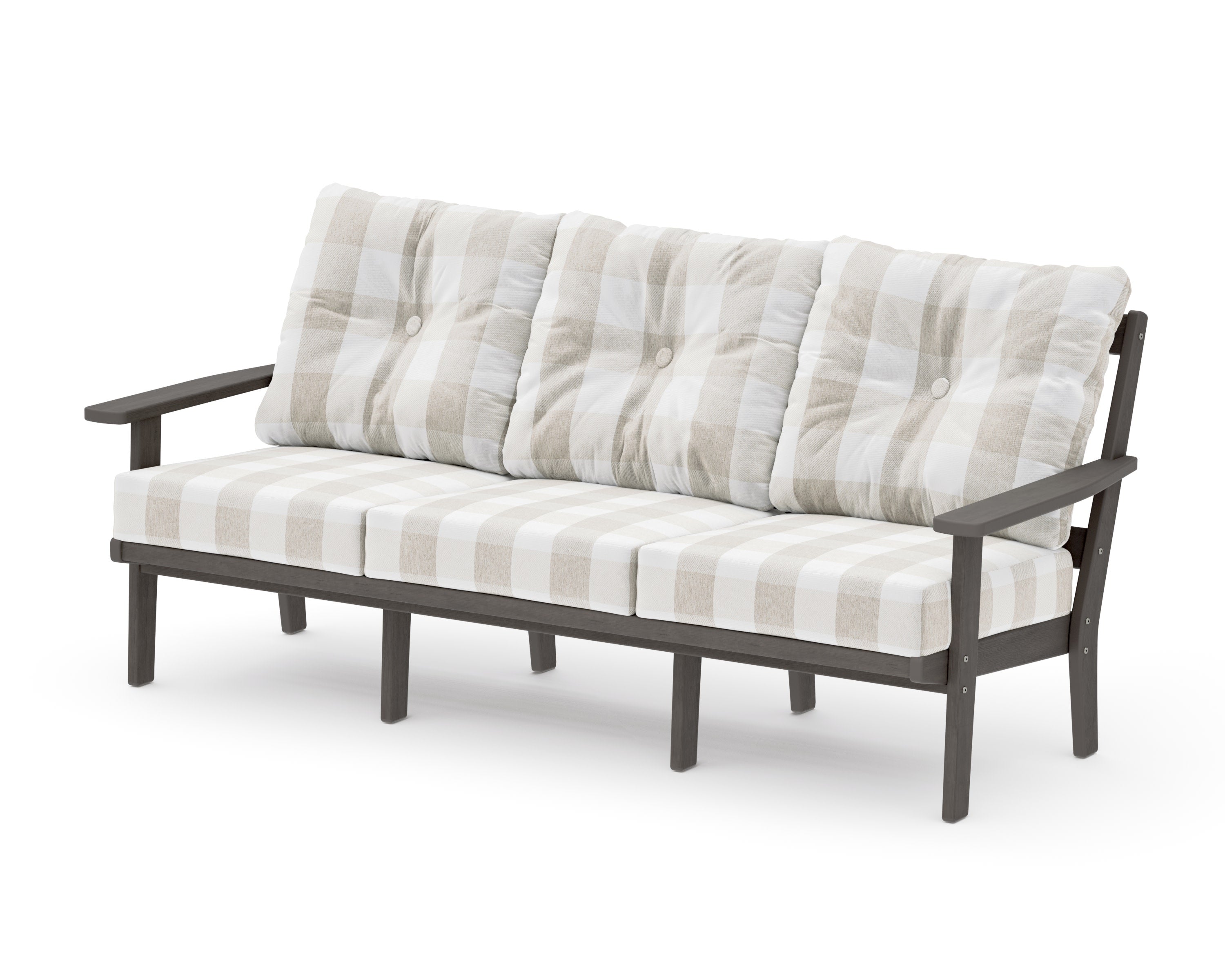 PrairieDeep Seating Sofa in Driftwood / Buffalo Plaid Dune Burlap