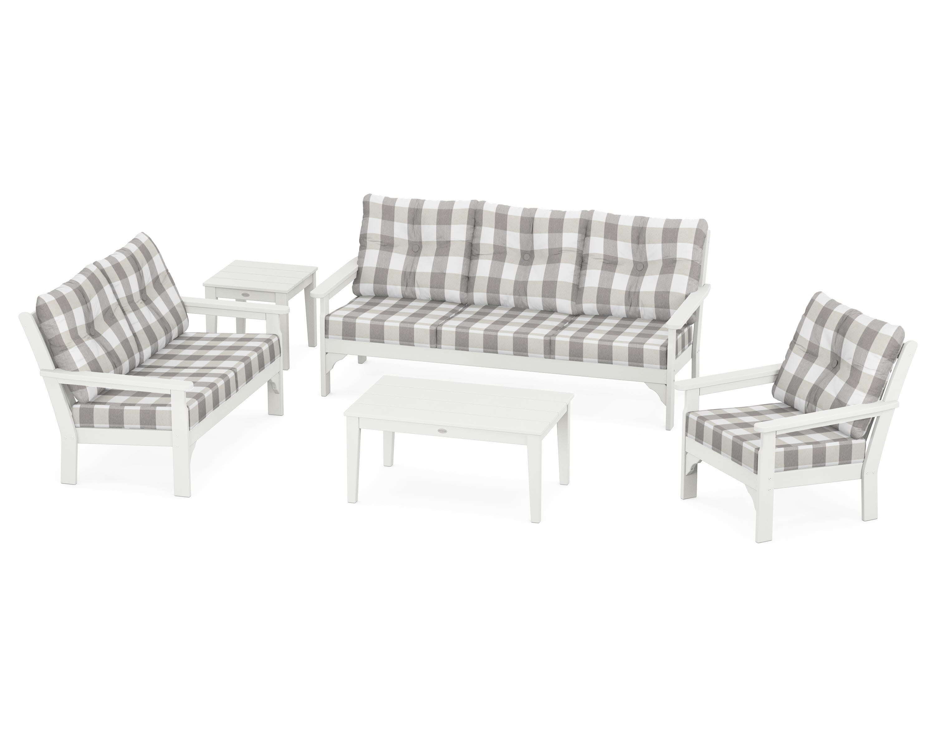 Vineyard 5 Piece Deep Seating Set in Vintage White / Buffalo Plaid Grey Mist