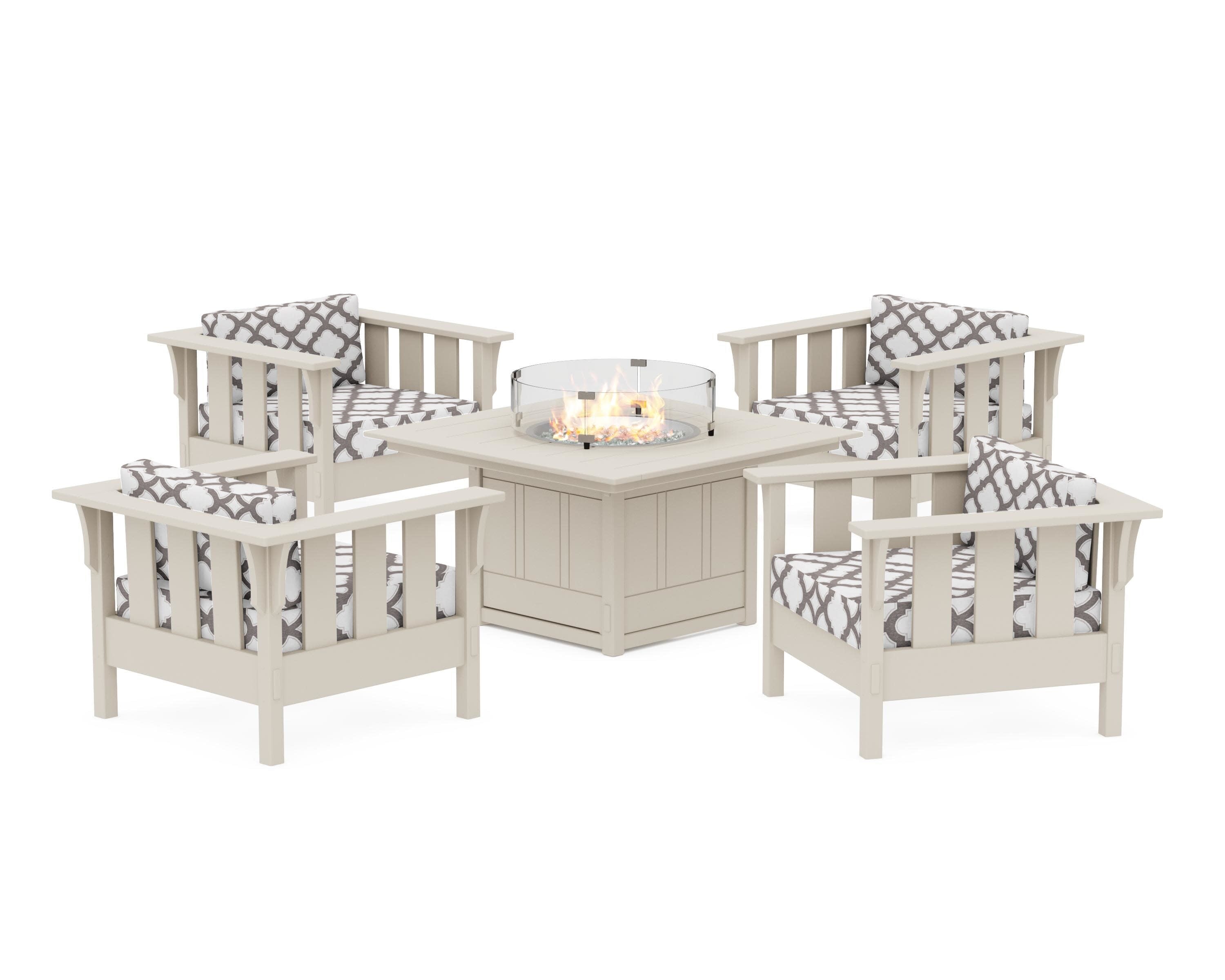 Acadia 5-Piece Deep Seating Set with Fire Pit Table in Sand / Trellis Grey Mist