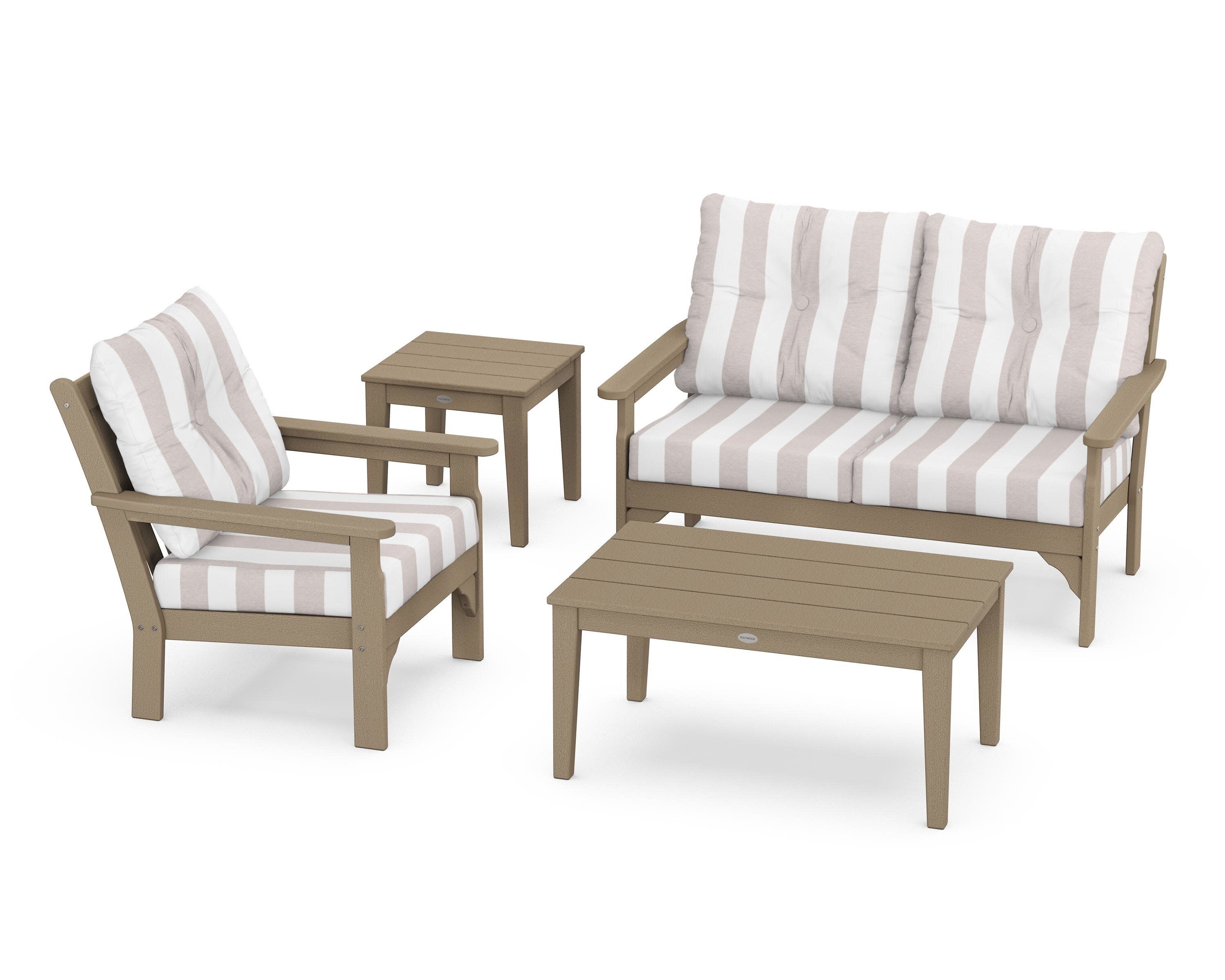 Vineyard 4-Piece Deep Seating Set in Vintage Sahara / Cabana Stripe Dune Burlap