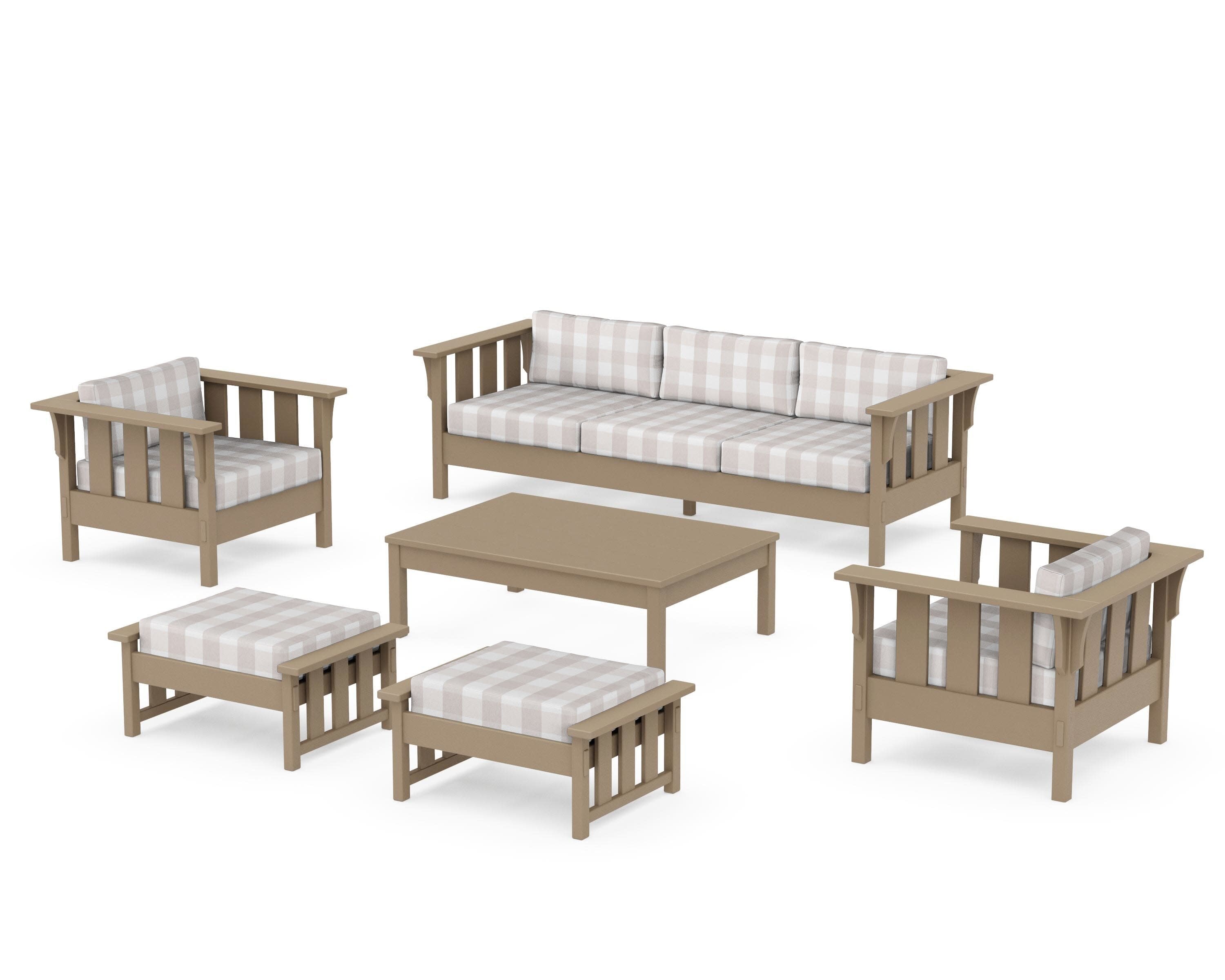 Acadia 6-Piece Lounge Sofa Set in Vintage Sahara / Buffalo Plaid Dune Burlap
