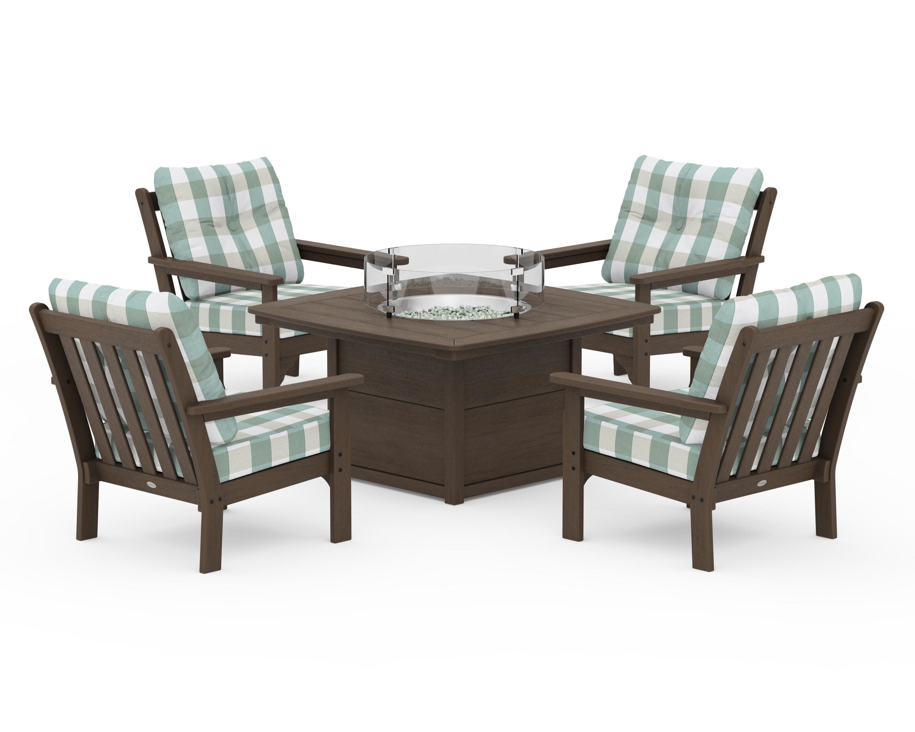 Vineyard 5-Piece Conversation Set with Fire Pit Table in Kona / Buffalo Plaid Glacier Spa