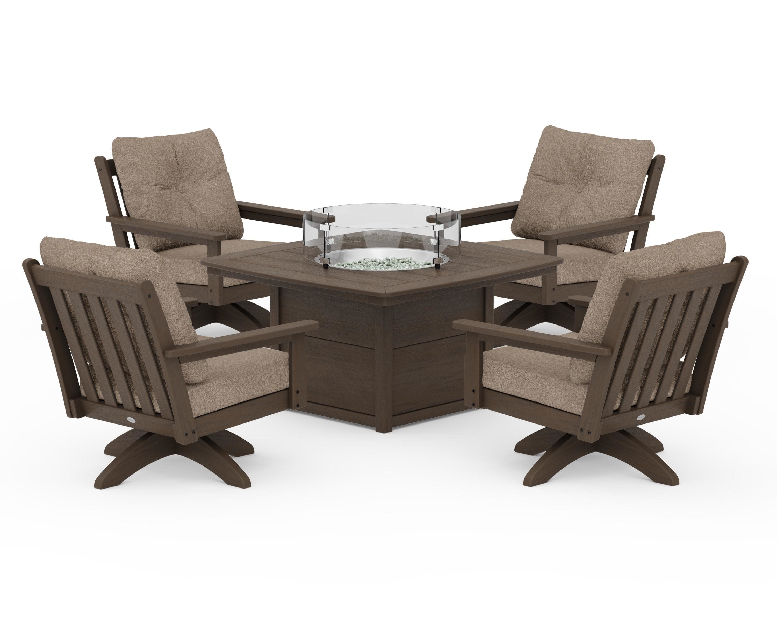 Vineyard 5-Piece Deep Seating Swivel Conversation Set with Fire Pit Table in Kona / Spiced Burlap
