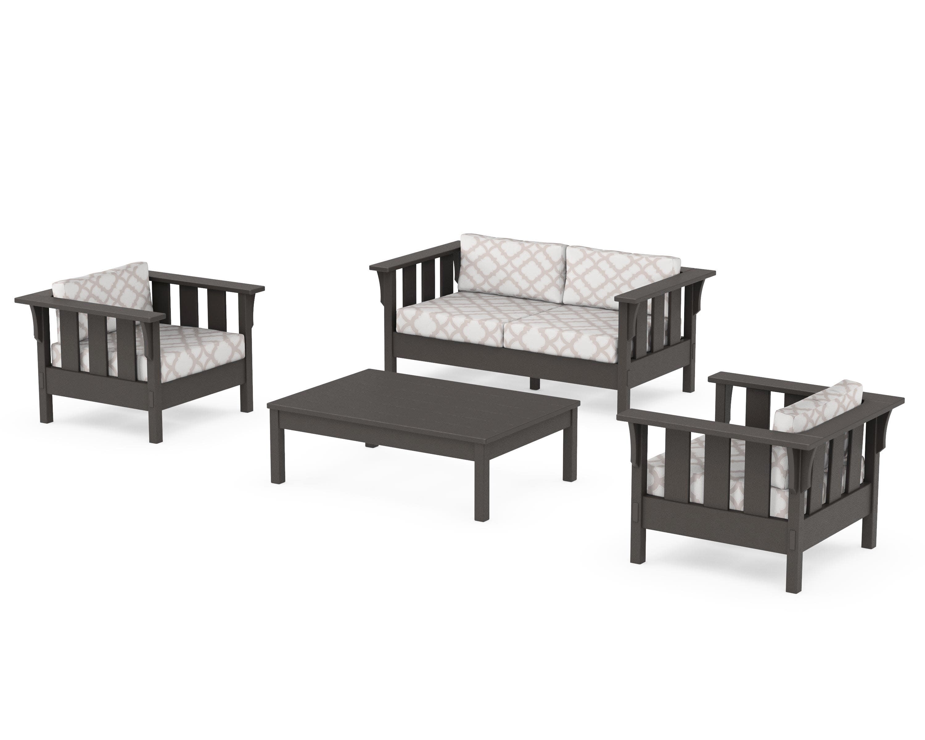 Acadia 4-Piece Deep Seating Set with Loveseat in Vintage Coffee / Trellis Dune Burlap