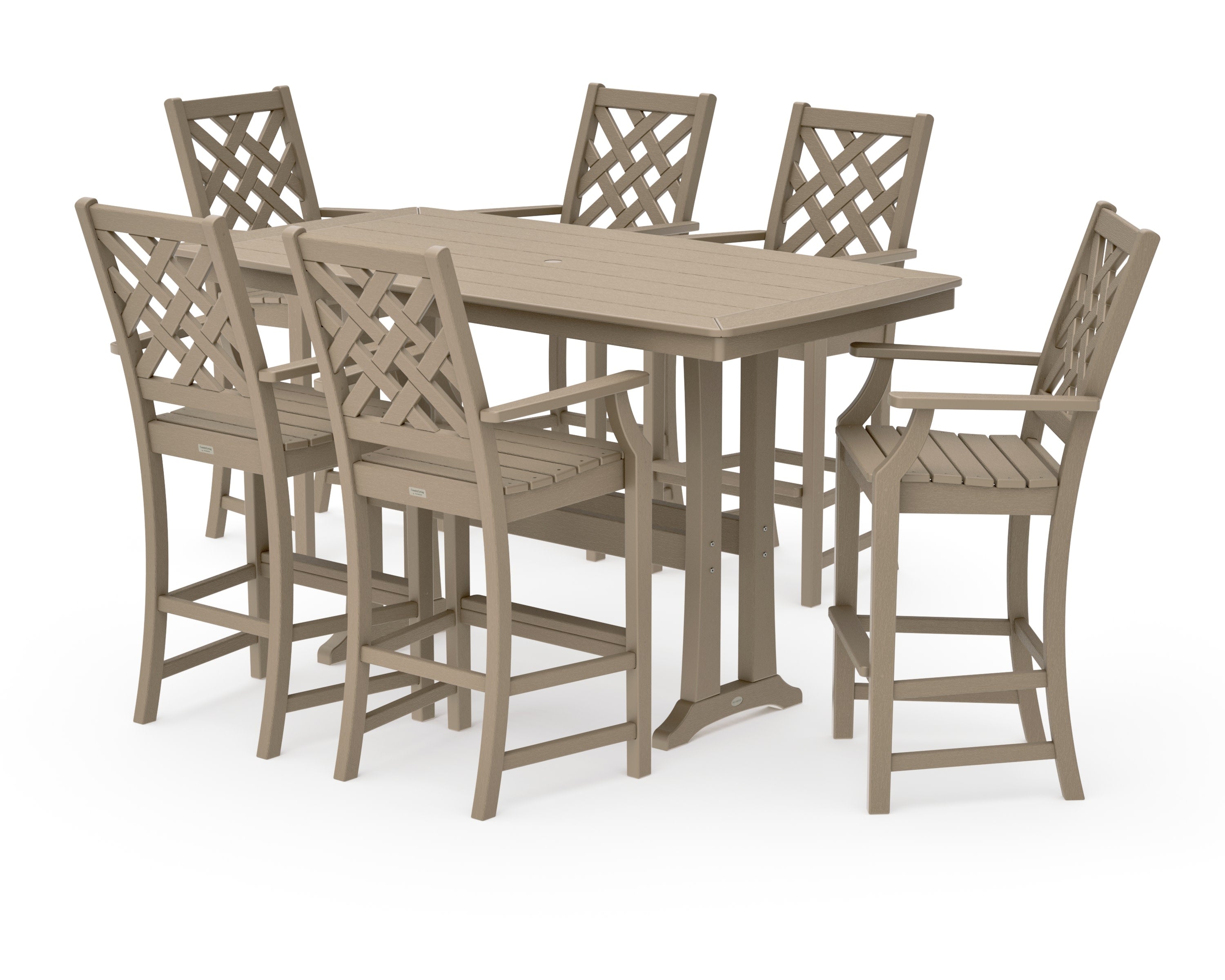 Wovendale Arm Chair 7-Piece Bar Set with Trestle Legs in Vintage Sahara