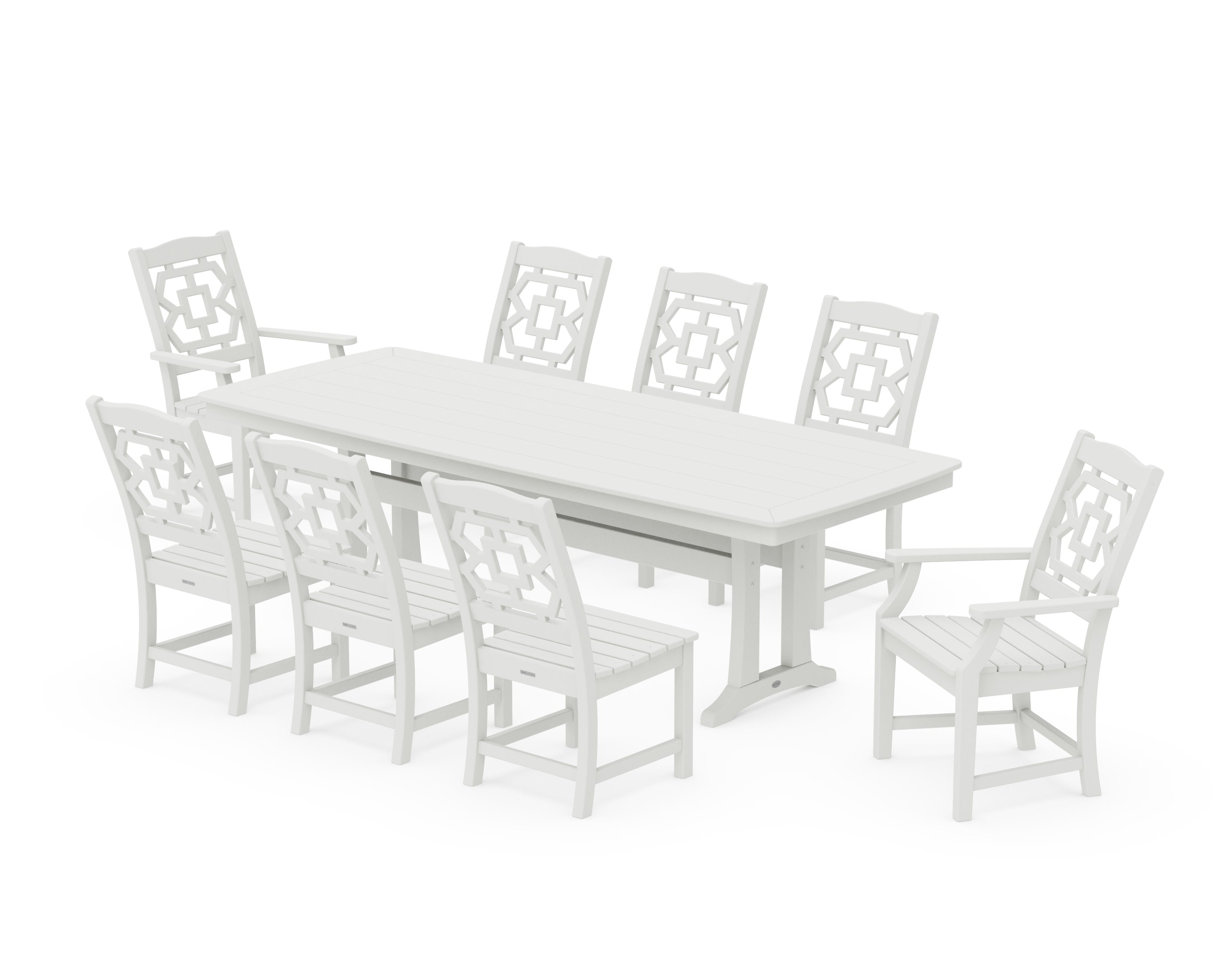 Chinoiserie 9-Piece Dining Set with Trestle Legs in Vintage White