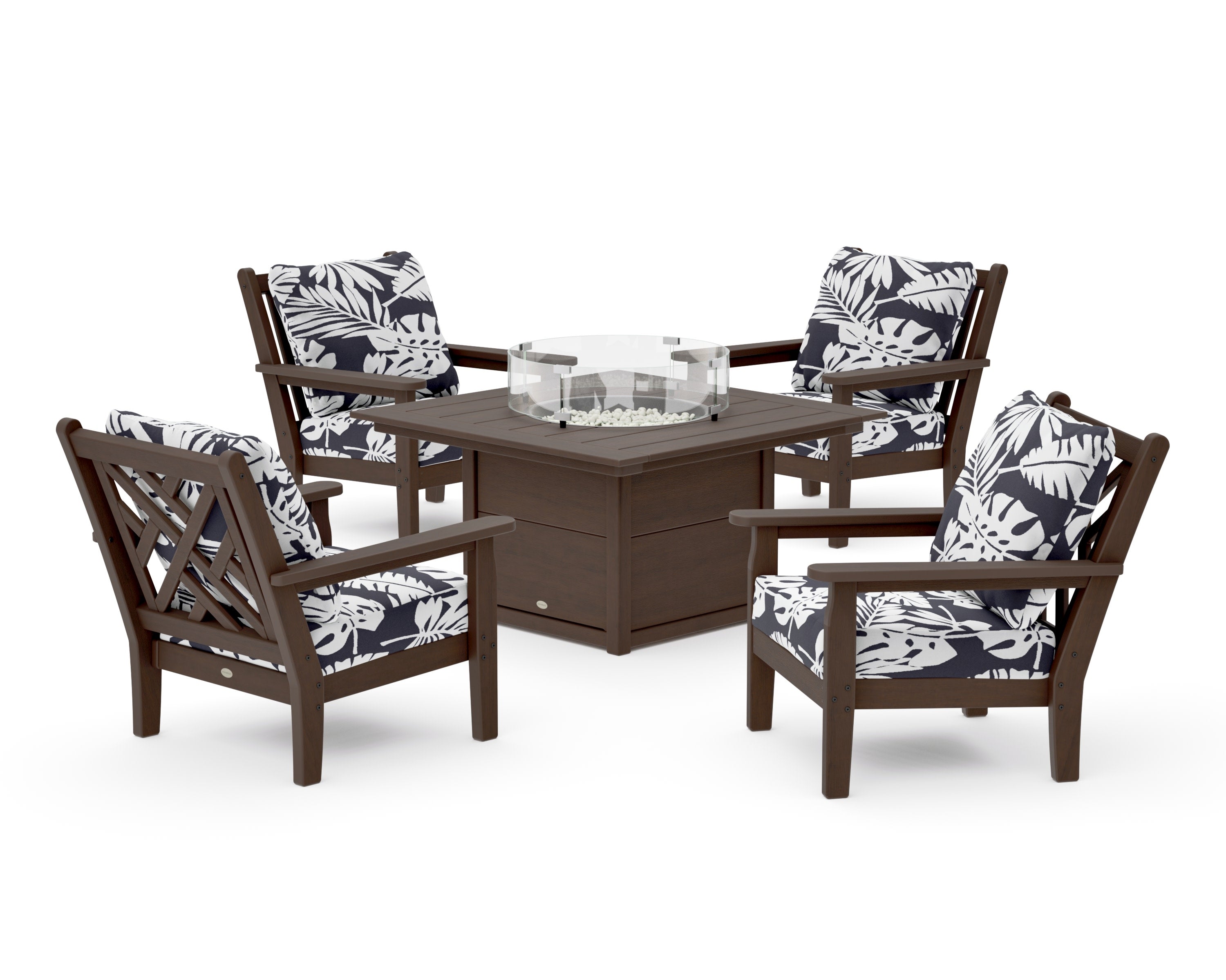 Chippendale 5-Piece Deep Seating Set with Fire Pit Table in Kona / Leaf Navy