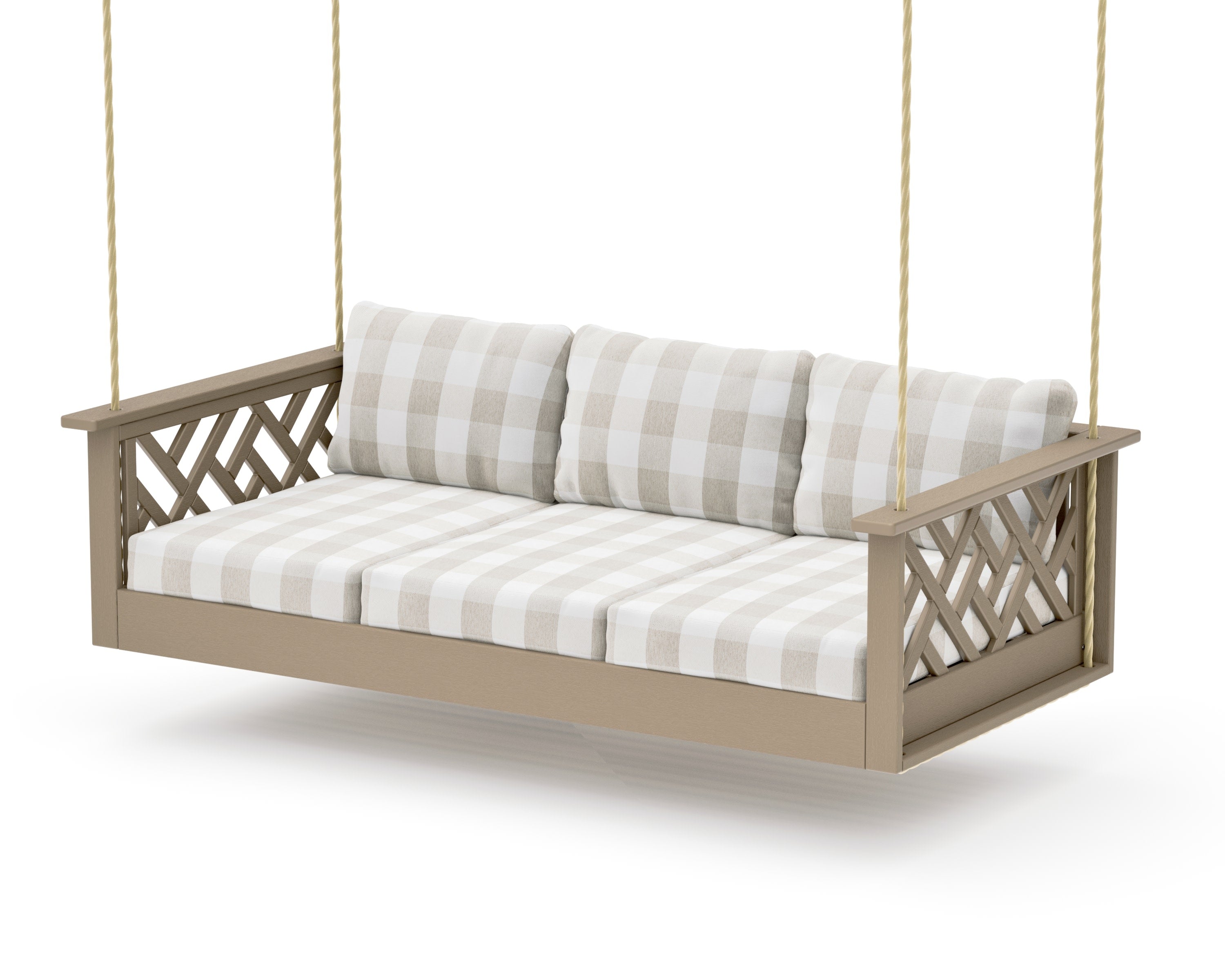 Chippendale Daybed Swing in Vintage Sahara / Buffalo Plaid Dune Burlap