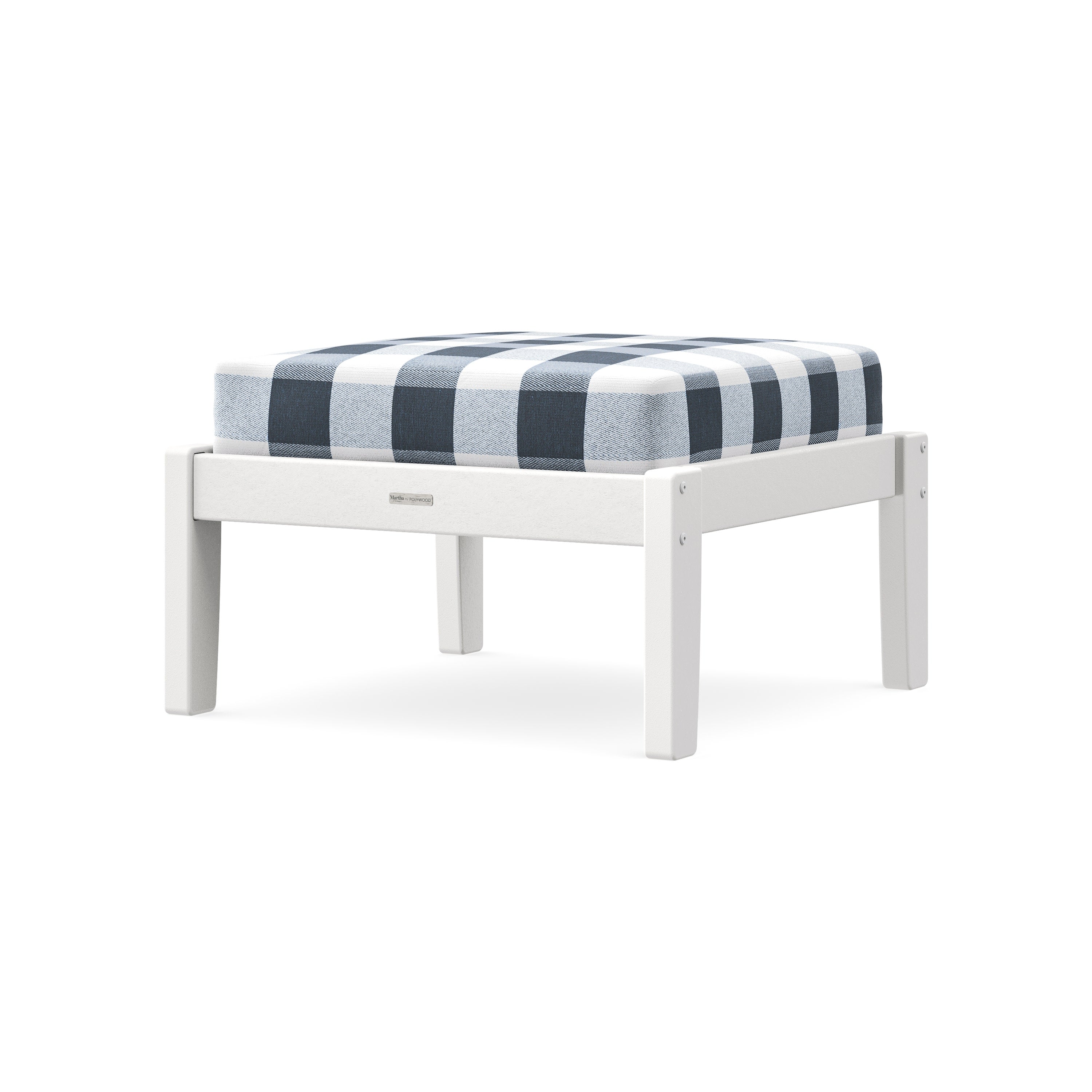 Chinoiserie Deep Seating Ottoman in White / Buffalo Plaid Marine Indigo