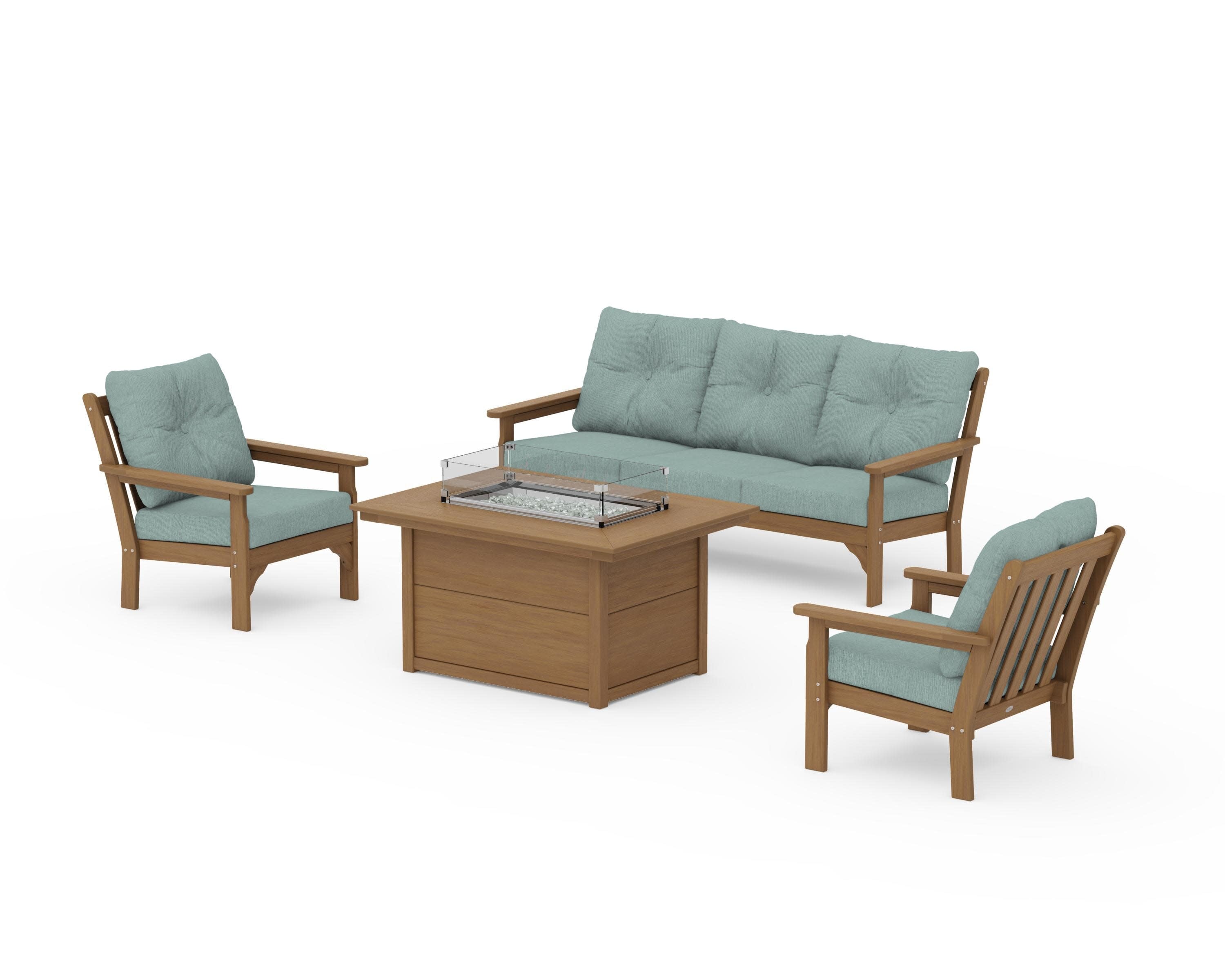 Vineyard Deep Seating Fire Pit Table Set in Natural / Glacier Spa