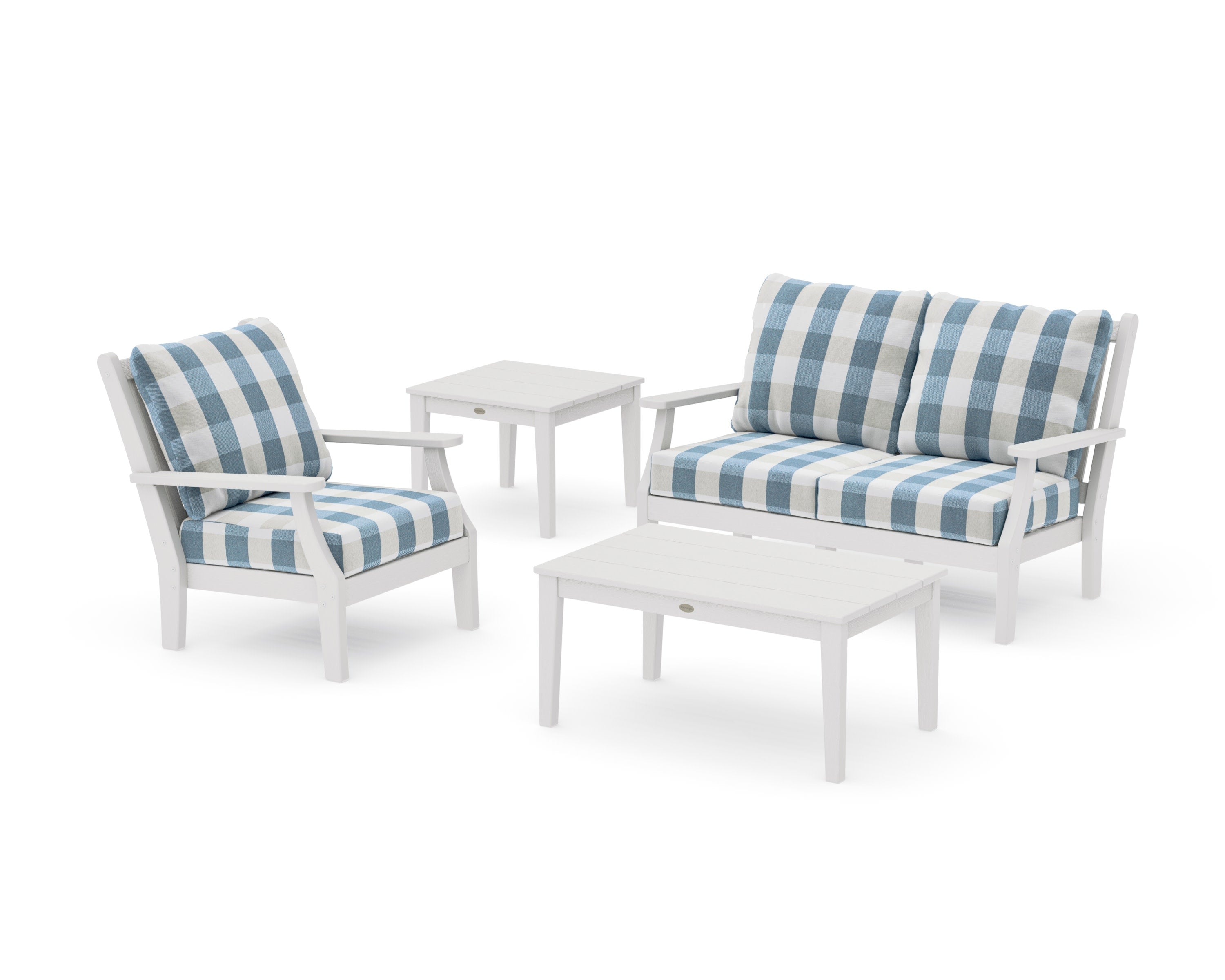 Wovendale 4-Piece Deep Seating Set in Vintage White / Buffalo Plaid Sky Blue