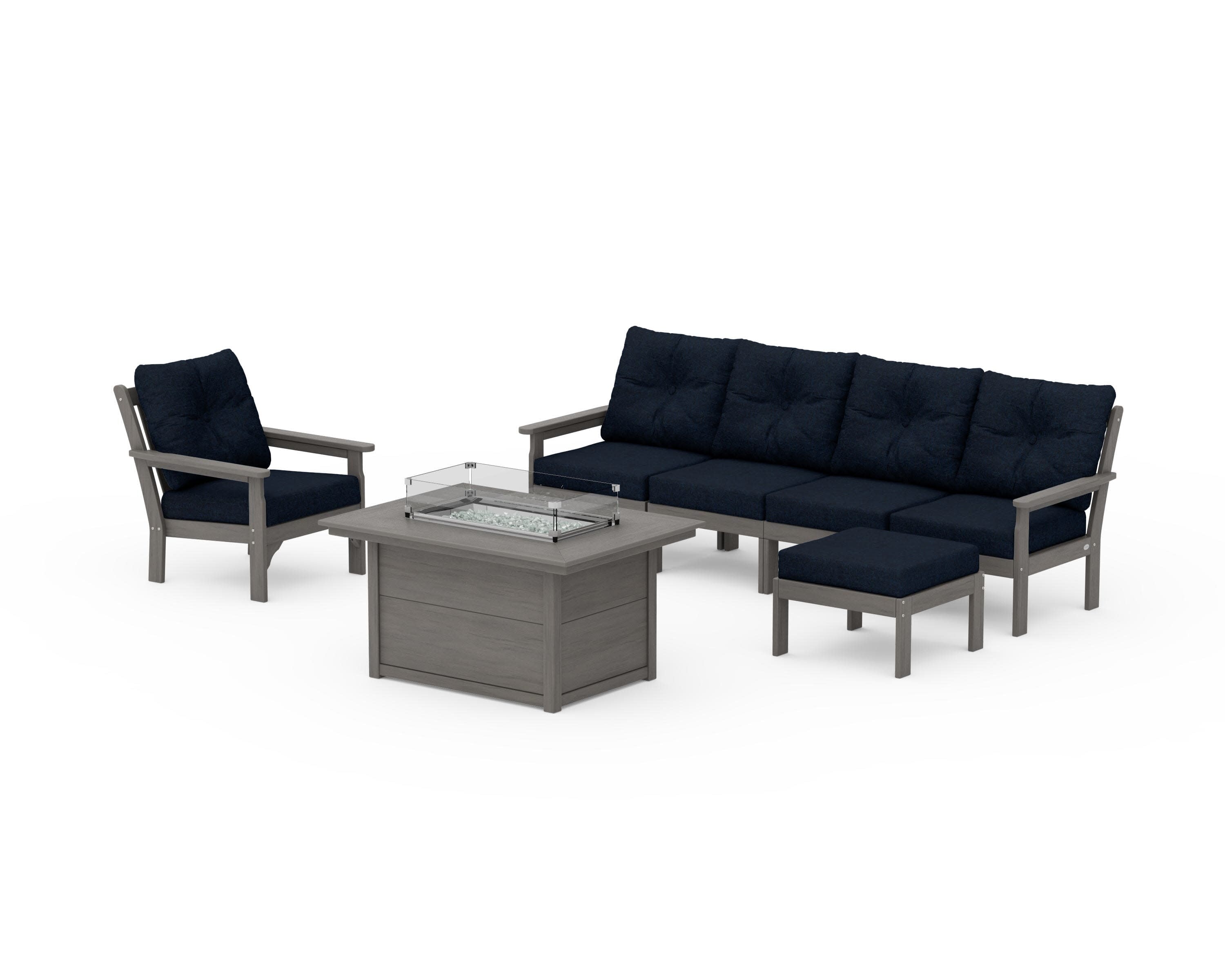 Vineyard Sectional Lounge and Fire Pit Set in Driftwood / Marine Indigo