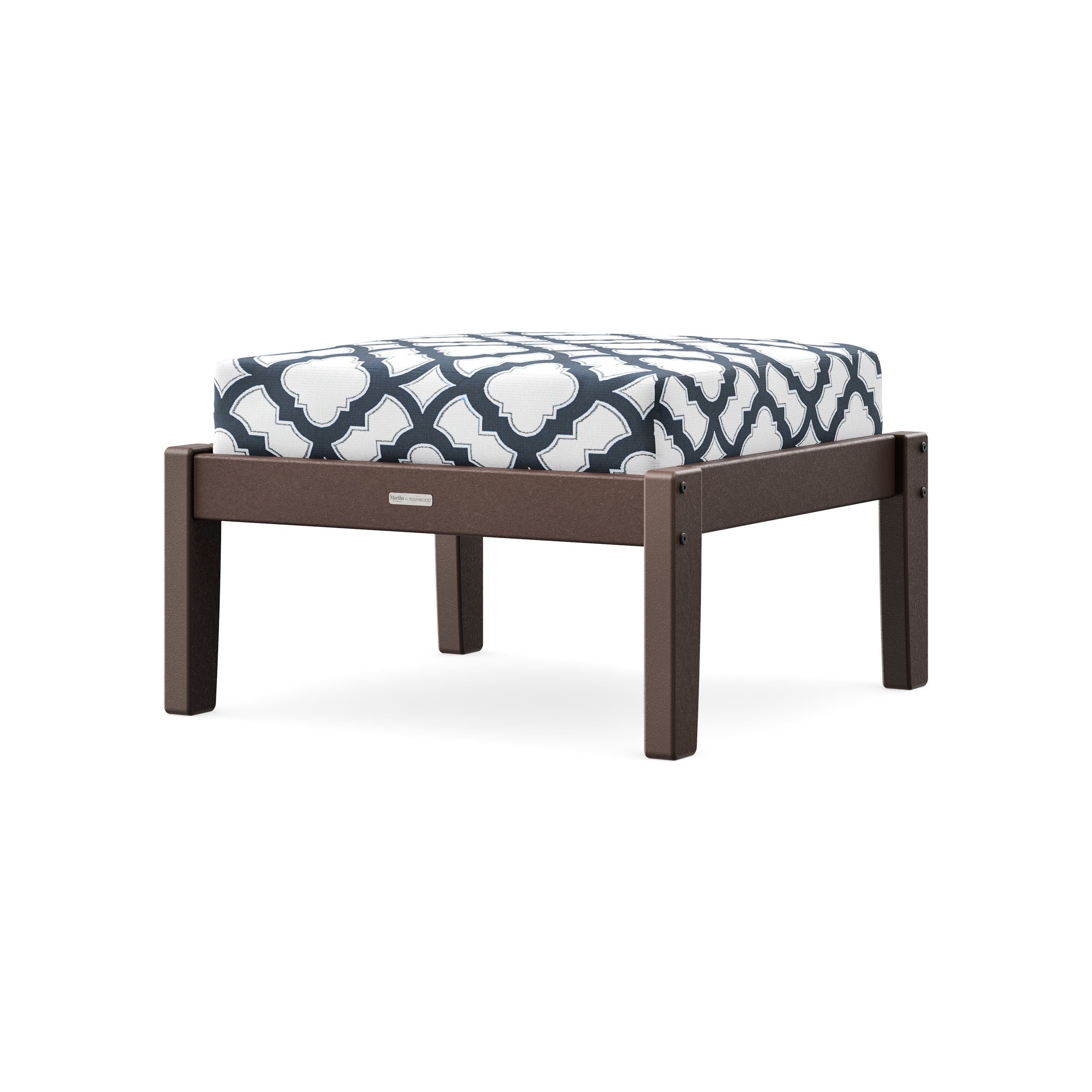 Chinoiserie Deep Seating Ottoman in Mahogany / Trellis Marine Indigo