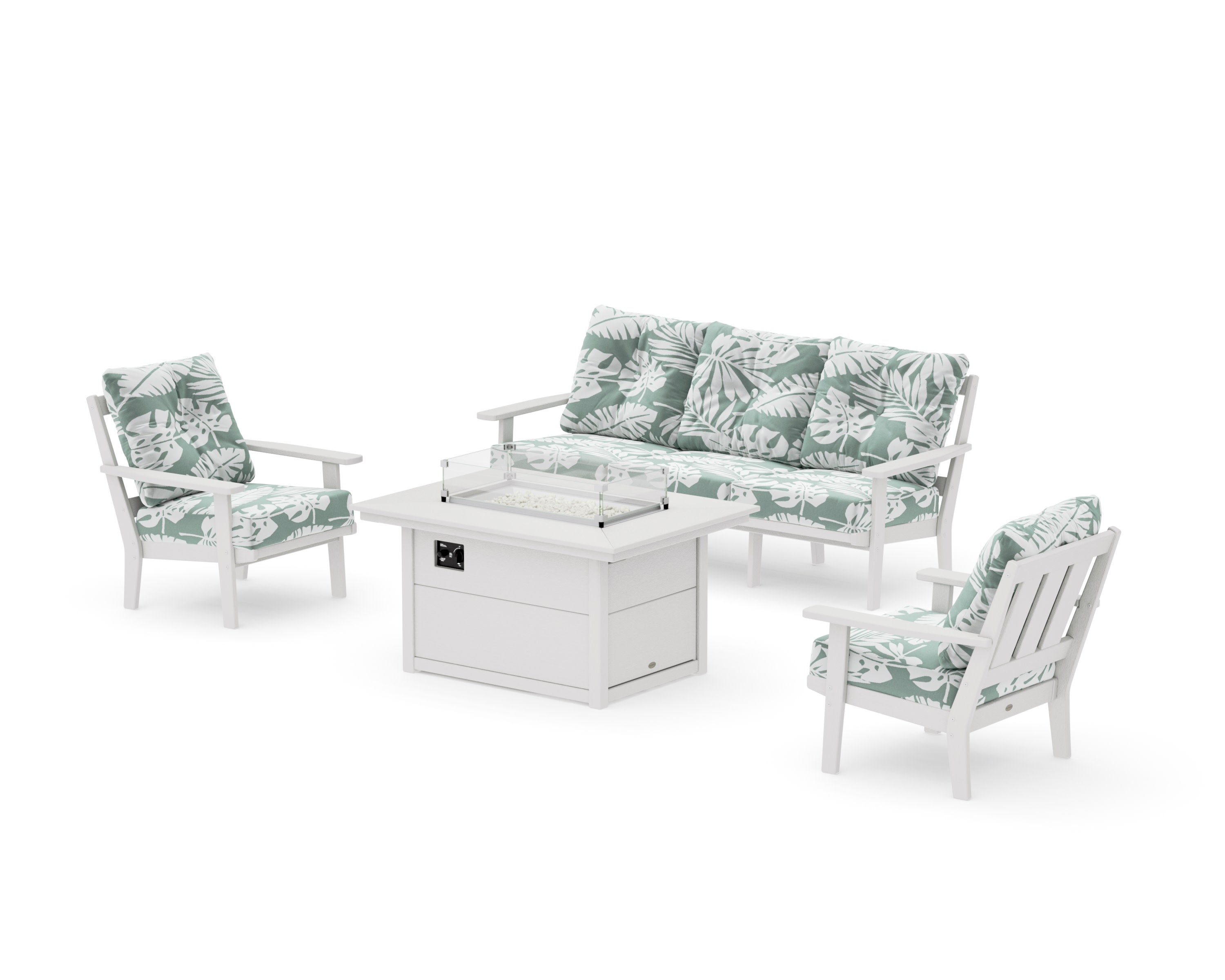 Oxford Deep Seating Fire Pit Table Set in Vintage White / Leaf Glacier Spa