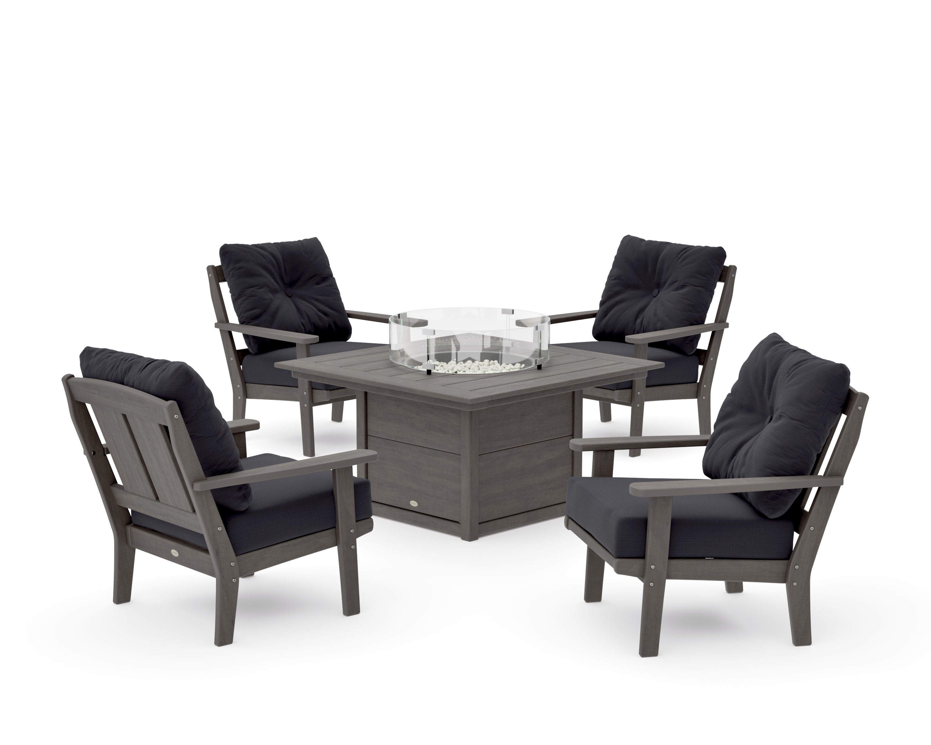 Mission 5-Piece Deep Seating Set with Fire Pit Table in Driftwood / Midnight Linen