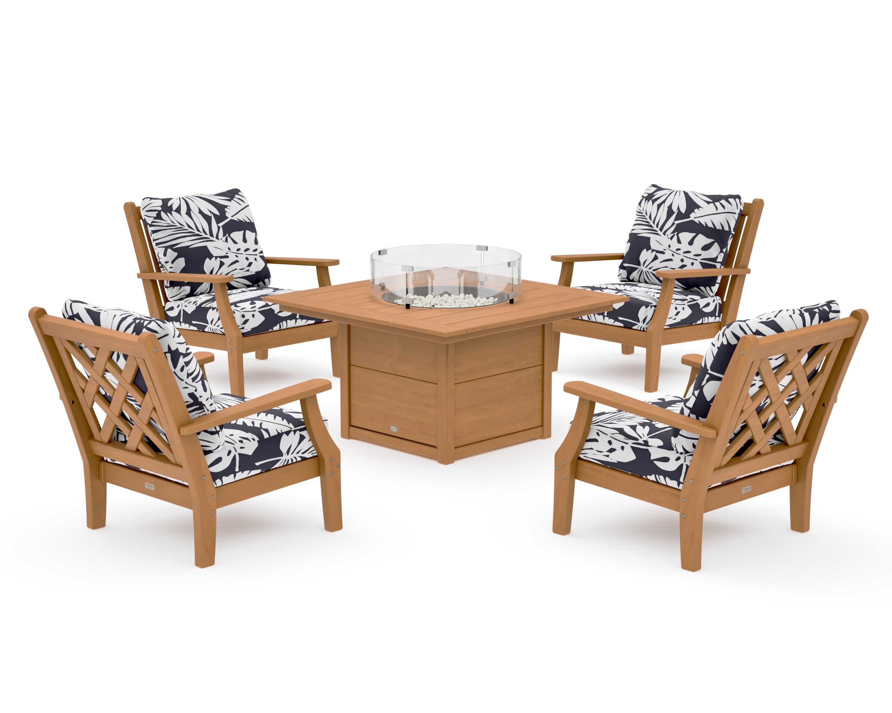 Wovendale 5-Piece Deep Seating Set with Fire Pit Table in Natural / Leaf Navy