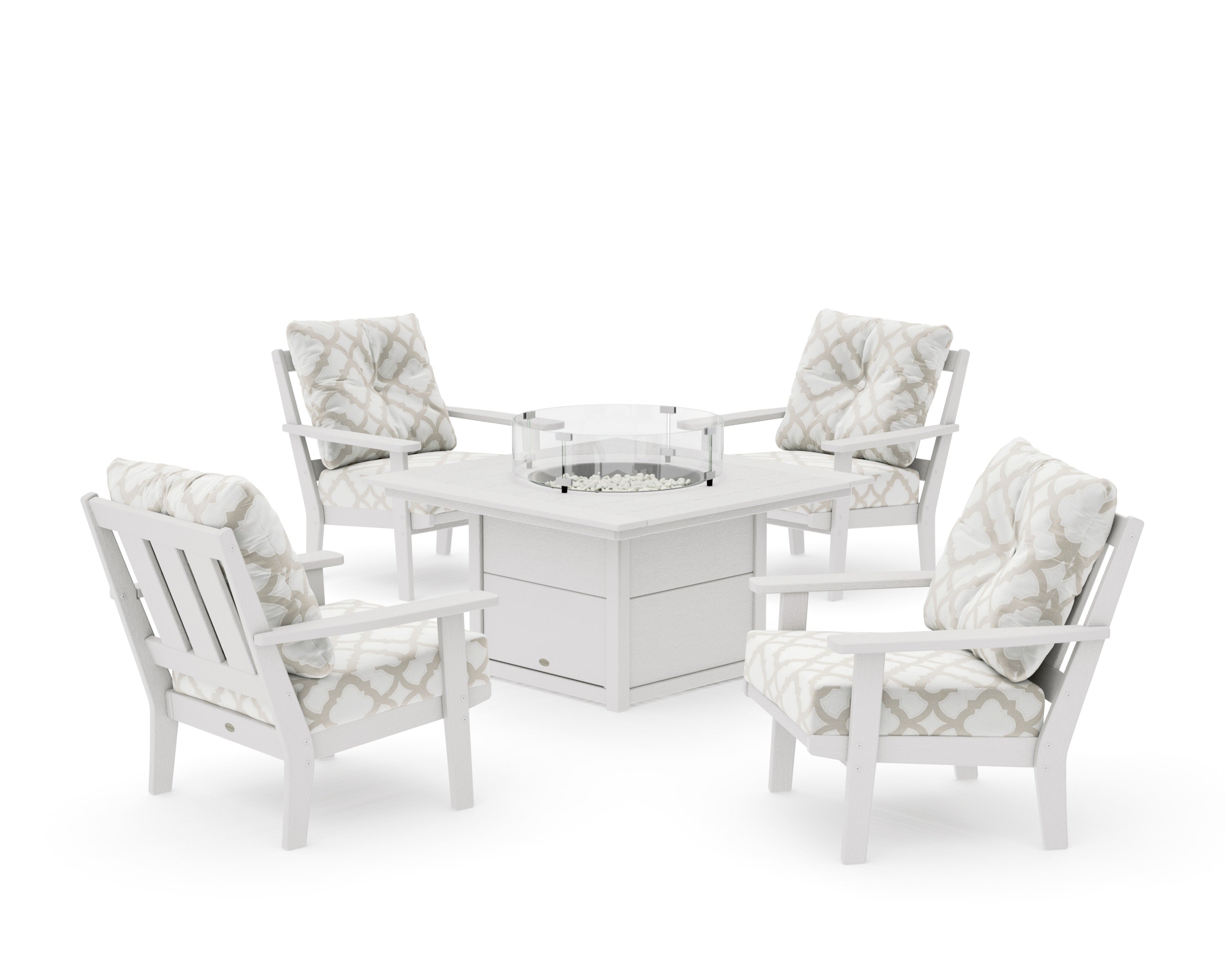 Oxford 5-Piece Deep Seating Set with Fire Pit Table in Vintage White / Trellis Dune Burlap