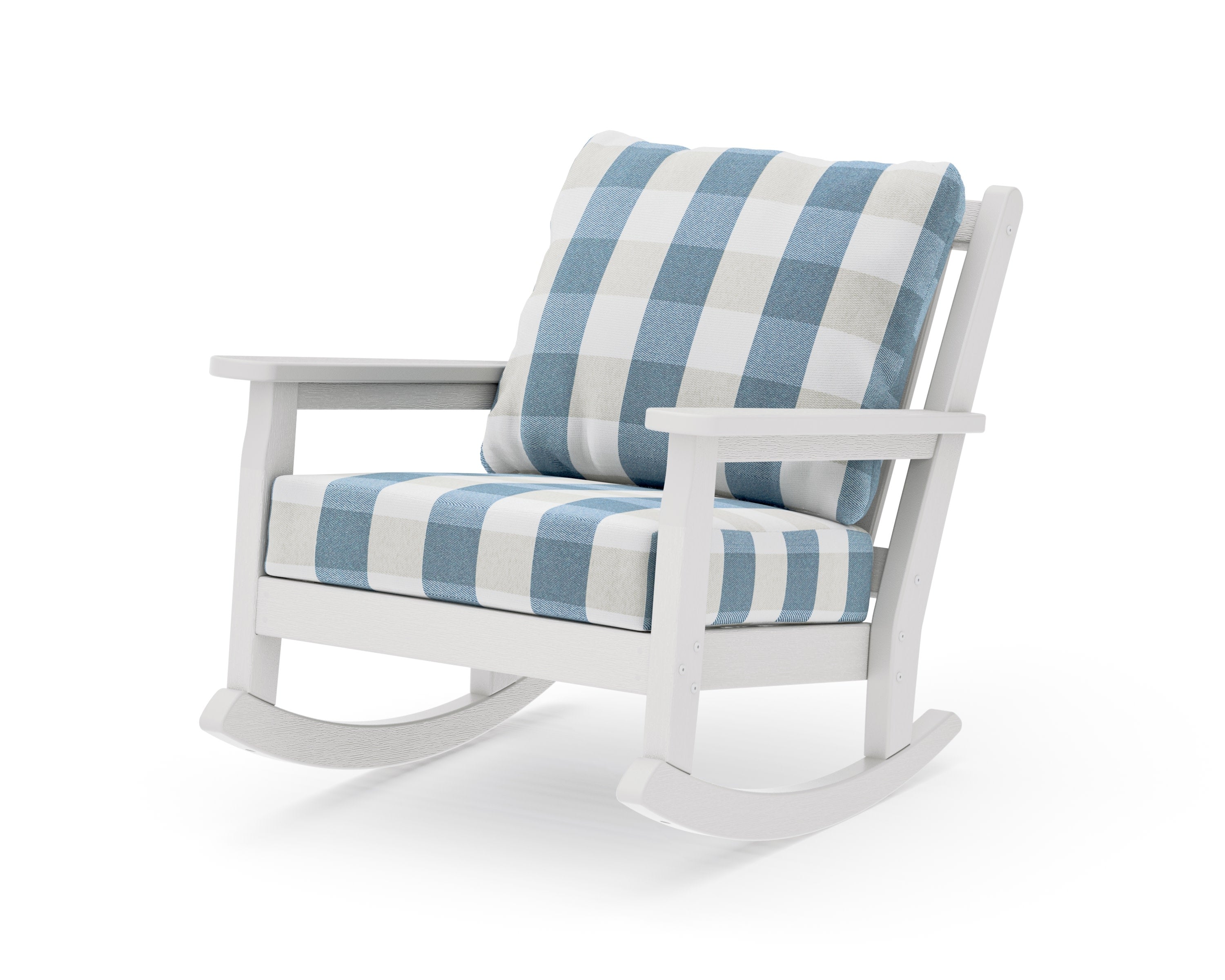 Chippendale Deep Seating Rocking Chair in Vintage White / Buffalo Plaid Sky Blue