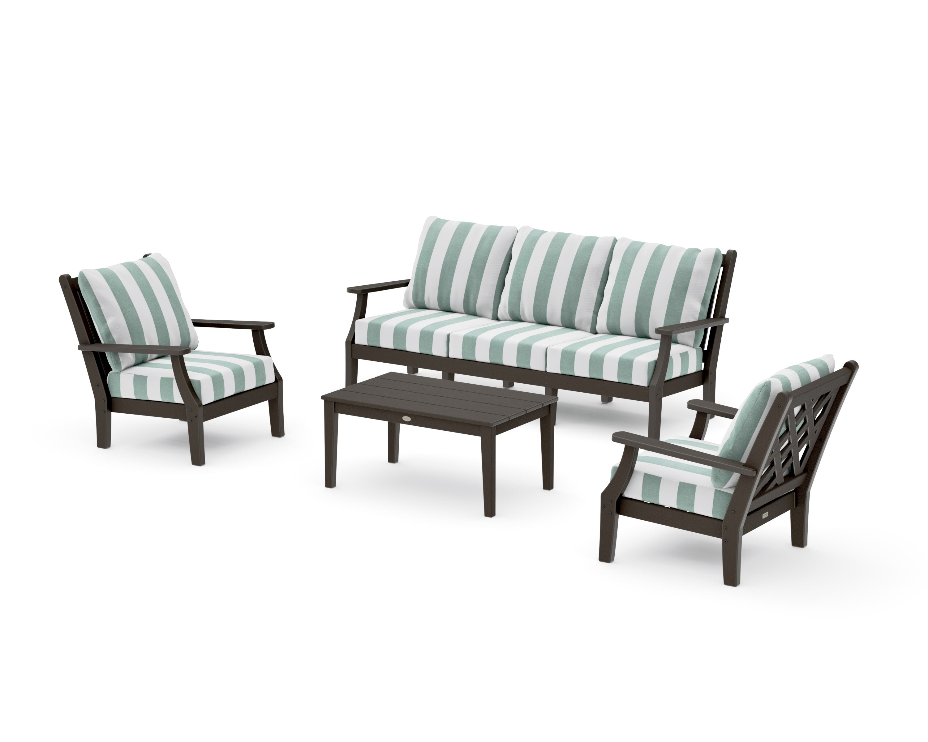 Wovendale 4-Piece Deep Seating Set with Sofa in Vintage Coffee / Cabana Stripe Glacier Spa