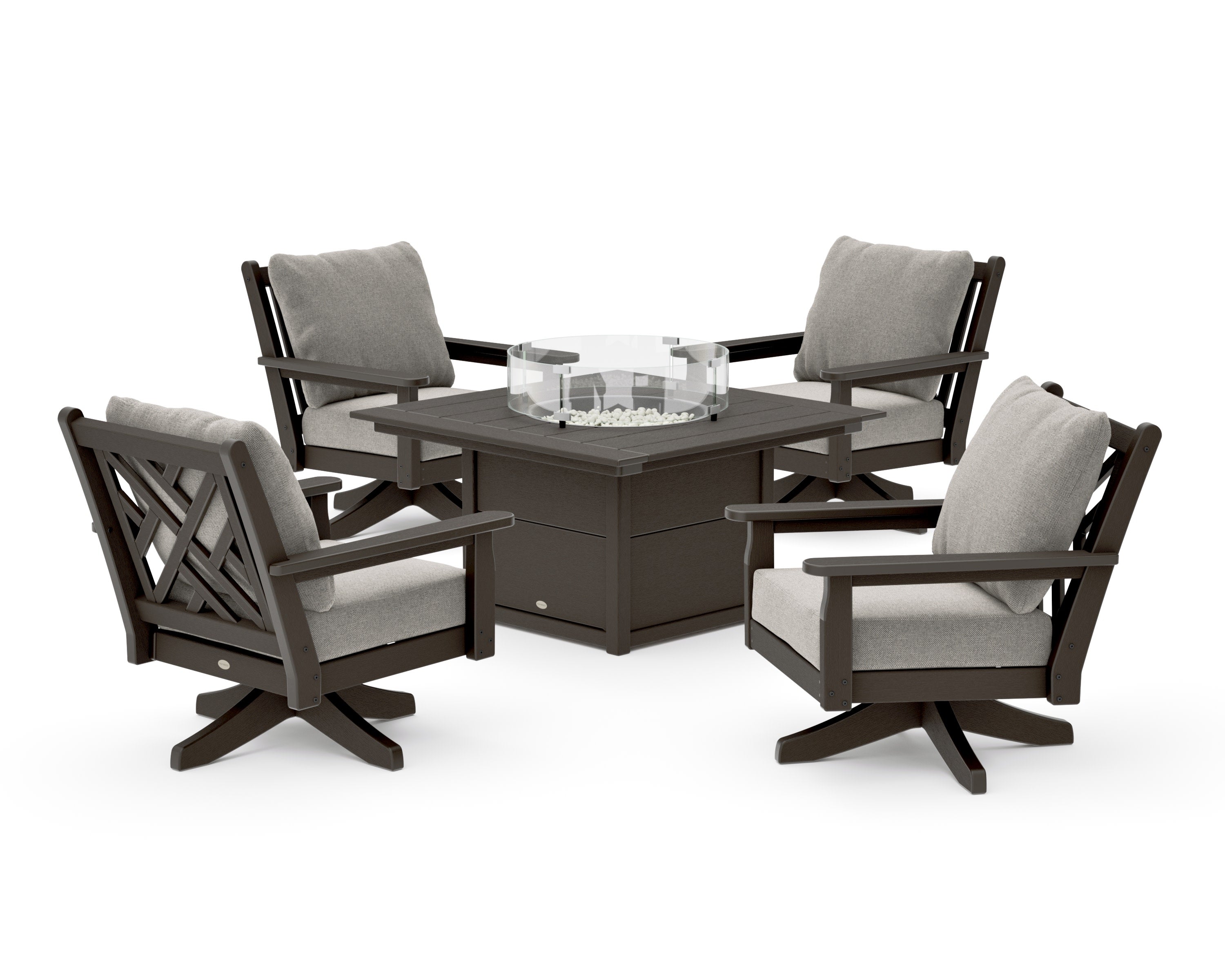 Chippendale 5-Piece Deep Seating Swivel Conversation Set with Fire Pit Table in Vintage Coffee / Weathered Tweed