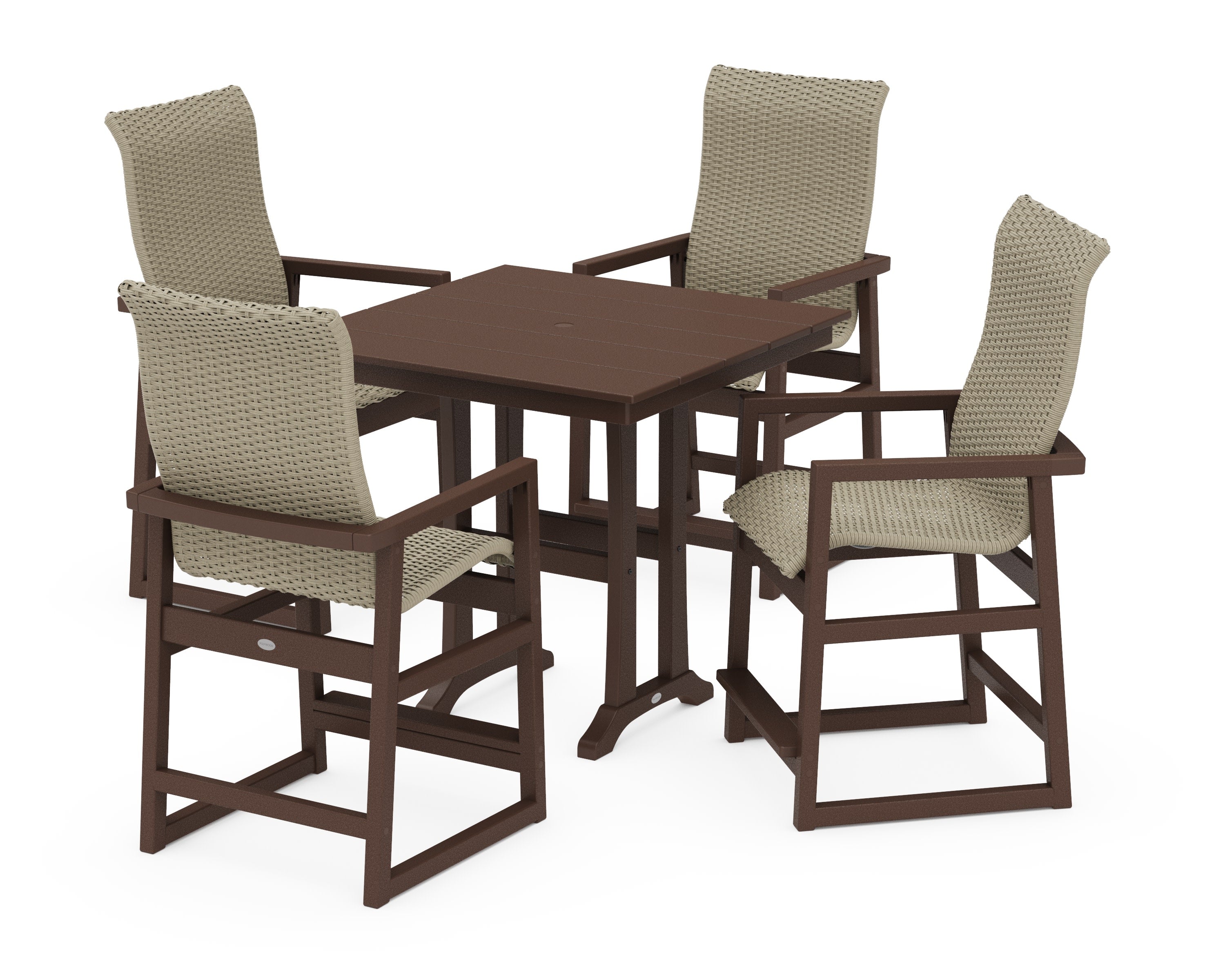 EDGE Woven Highback 5-Piece Farmhouse Counter Set with Trestle Legs in Mahogany / Dune Grass