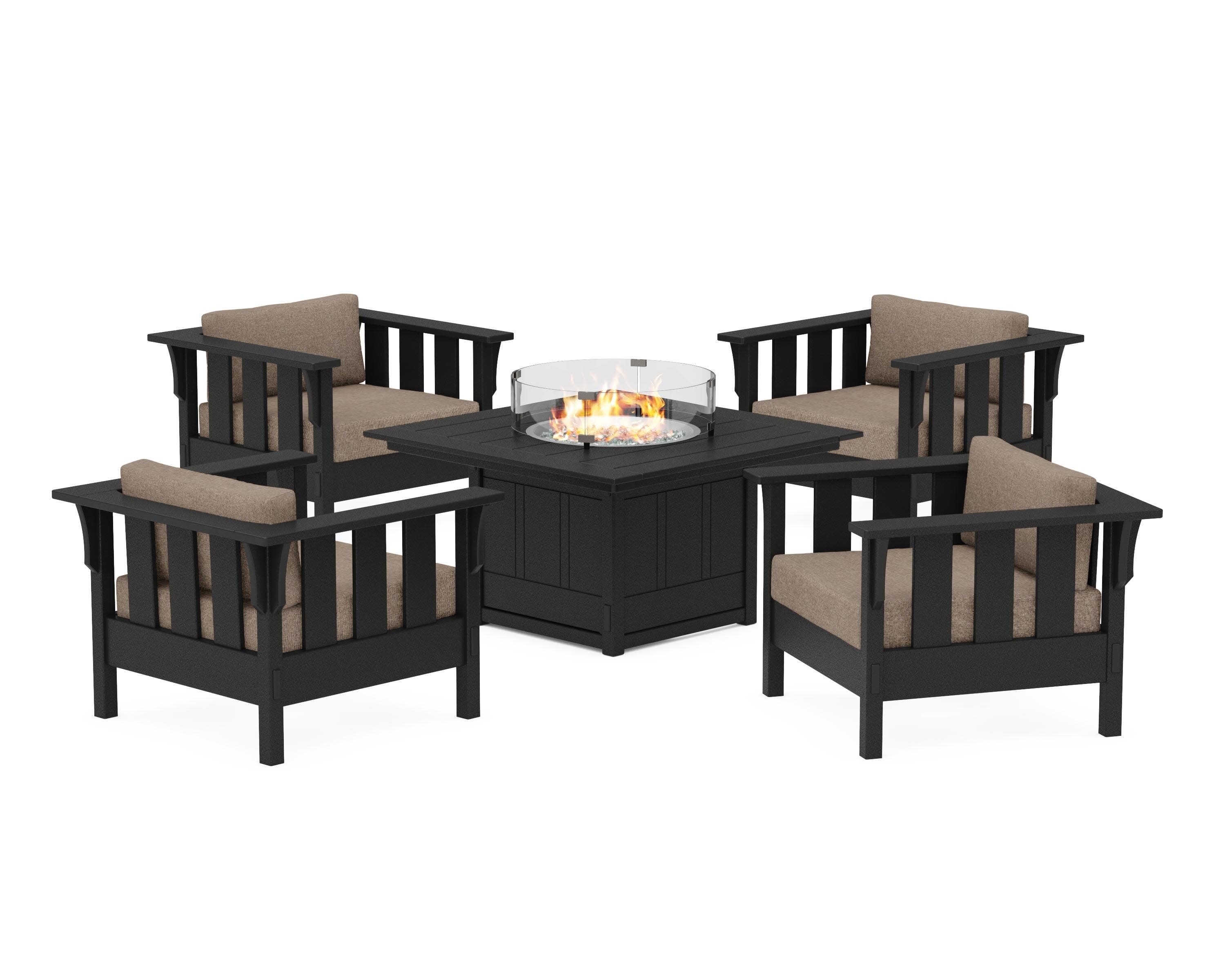Acadia 5-Piece Deep Seating Set with Fire Pit Table in Black / Spiced Burlap
