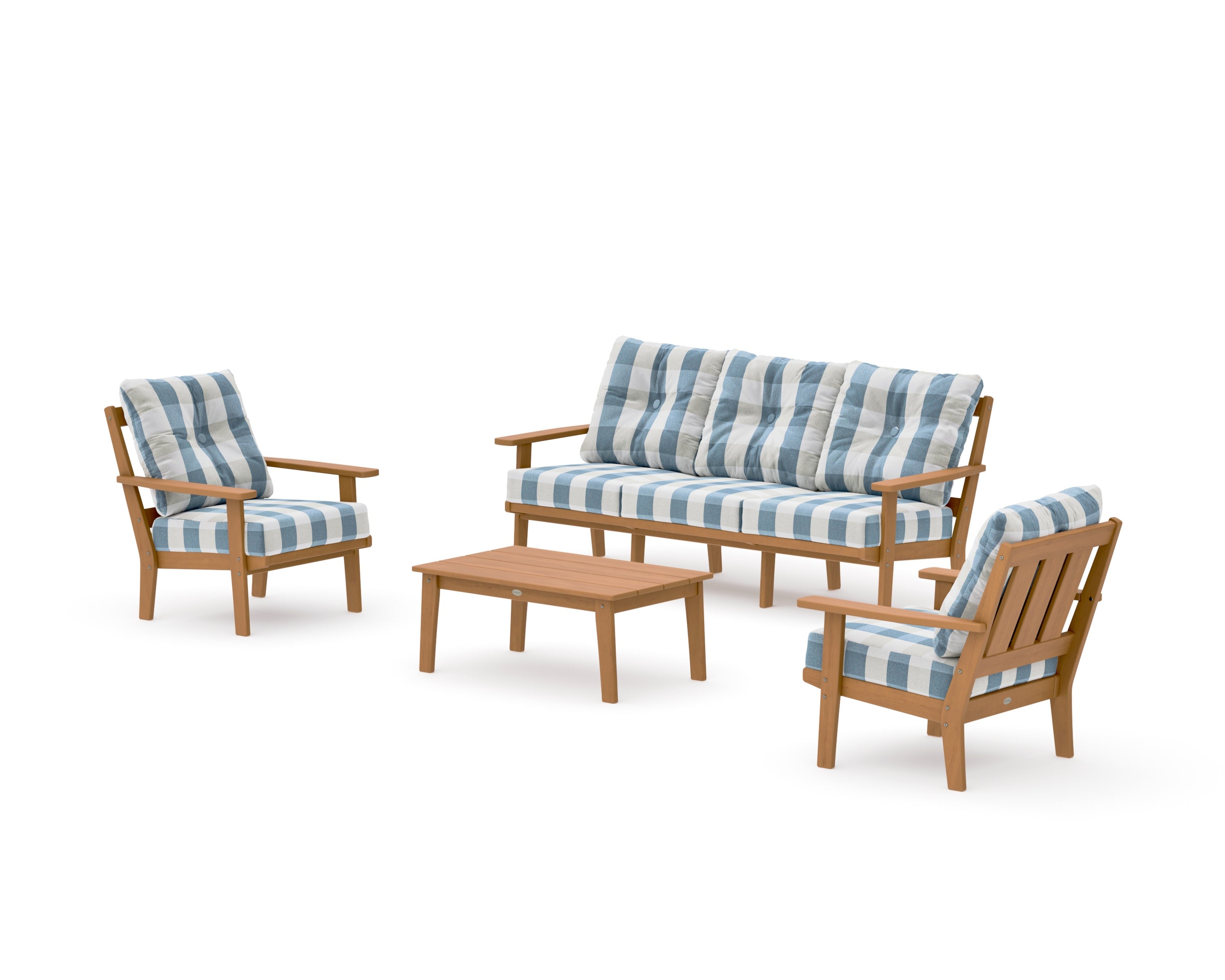 Oxford 4-Piece Deep Seating Set with Sofa in Natural / Buffalo Plaid Sky Blue
