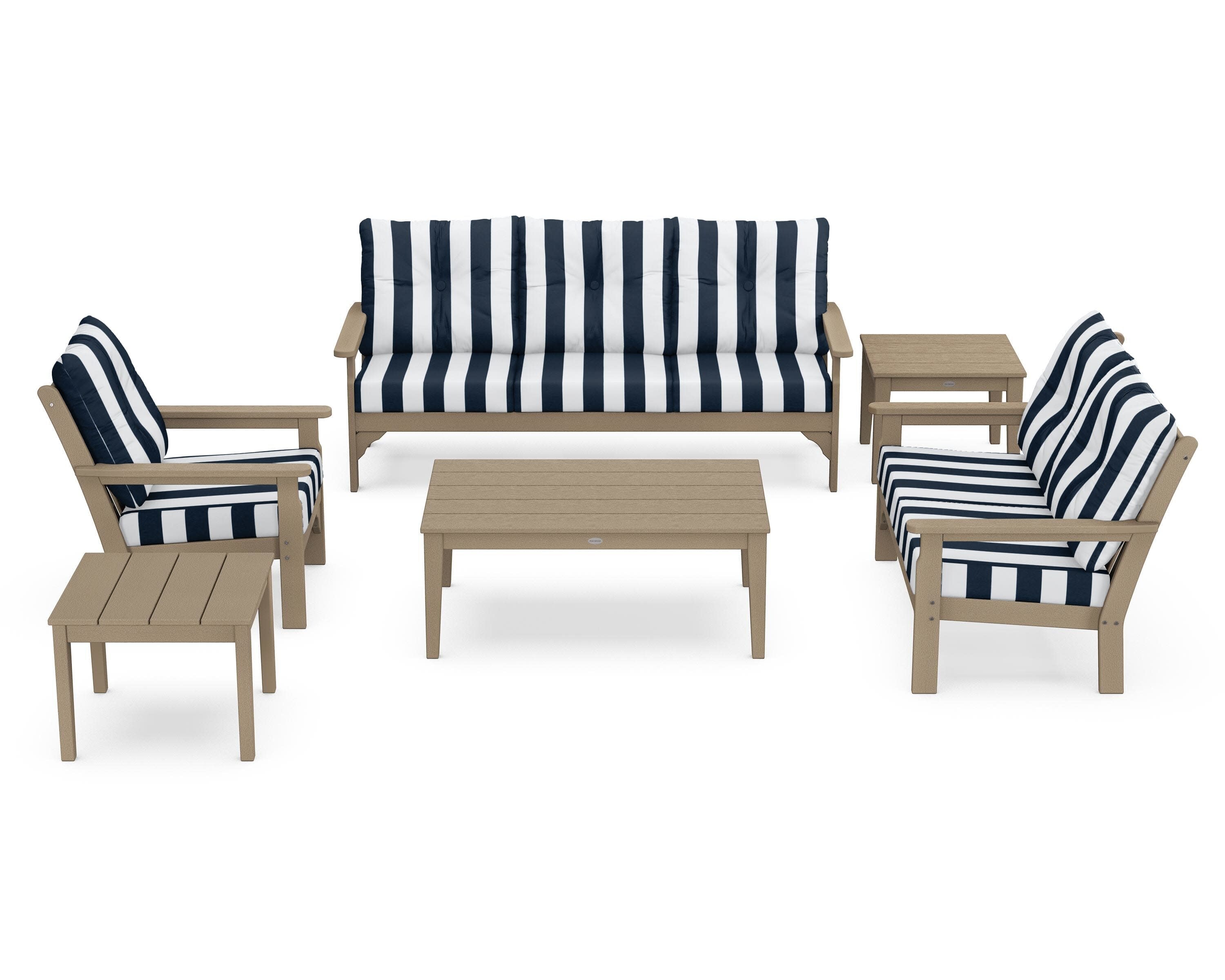 Vineyard 6-Piece Deep Seating Set in Vintage Sahara / Cabana Stripe Marine Indigo