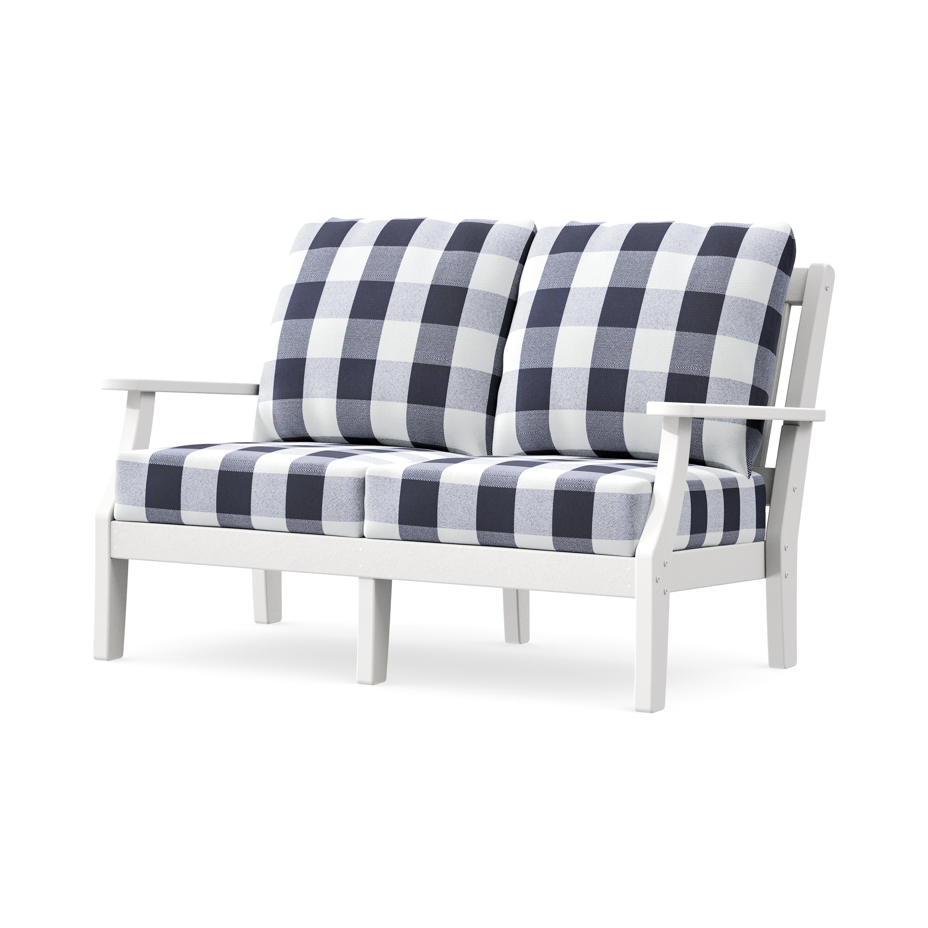 Chinoiserie Deep Seating Loveseat in White / Buffalo Plaid Navy